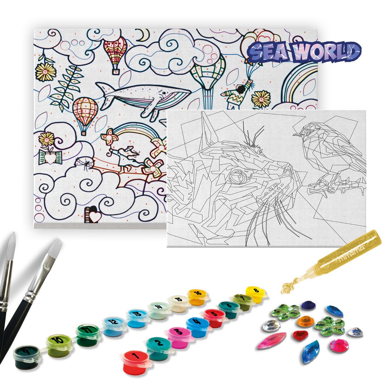 Super paint lab kit 16 col. acrilici c/pennello, 2 tele, gemme, glitter - 