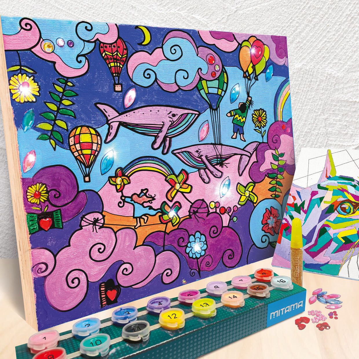 Super paint lab kit 16 col. acrilici c/pennello, 2 tele, gemme, glitter - 