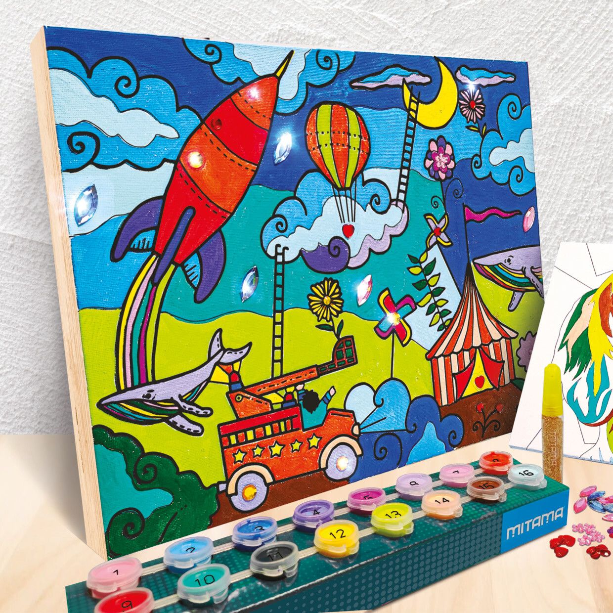 Super paint lab kit 16 col. acrilici c/pennello, 2 tele, gemme, glitter - 