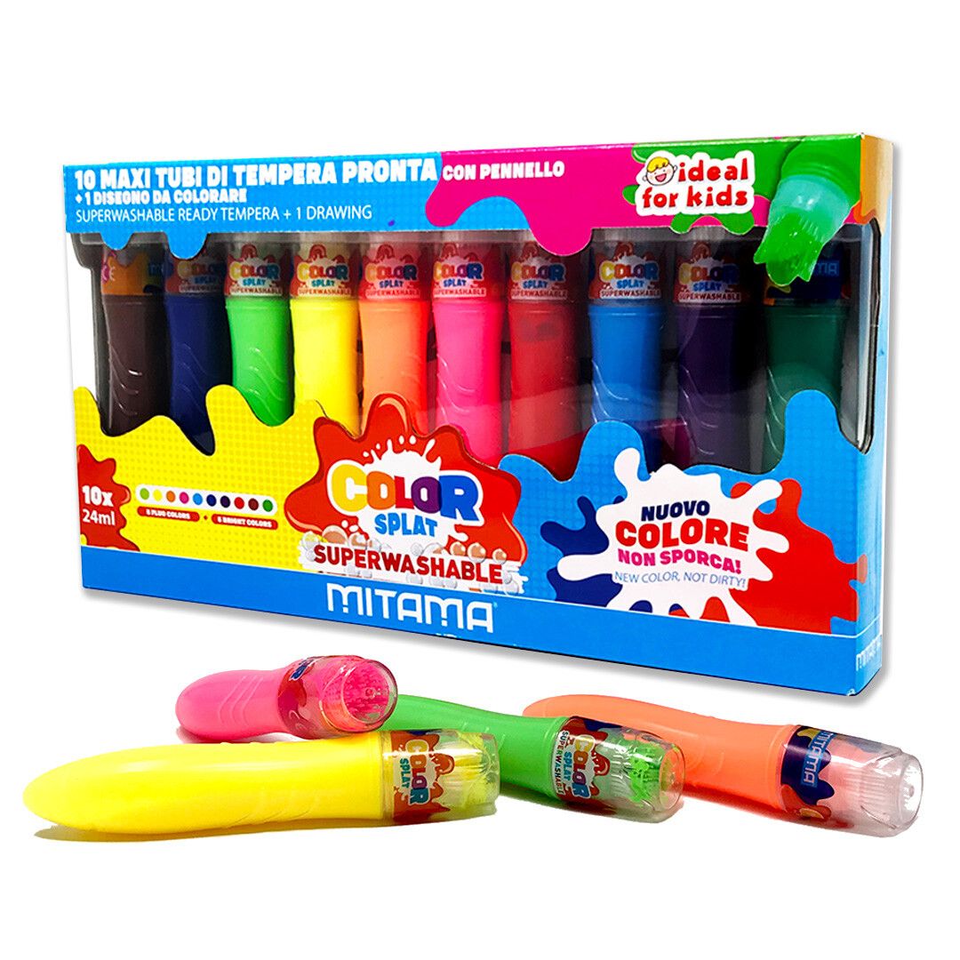 Colorsplat mitama, 10 maxi tubi c/pennello tempera pronta lavabile, 24ml + 1 foglio a3, scatola con 10 pz - MITAMA