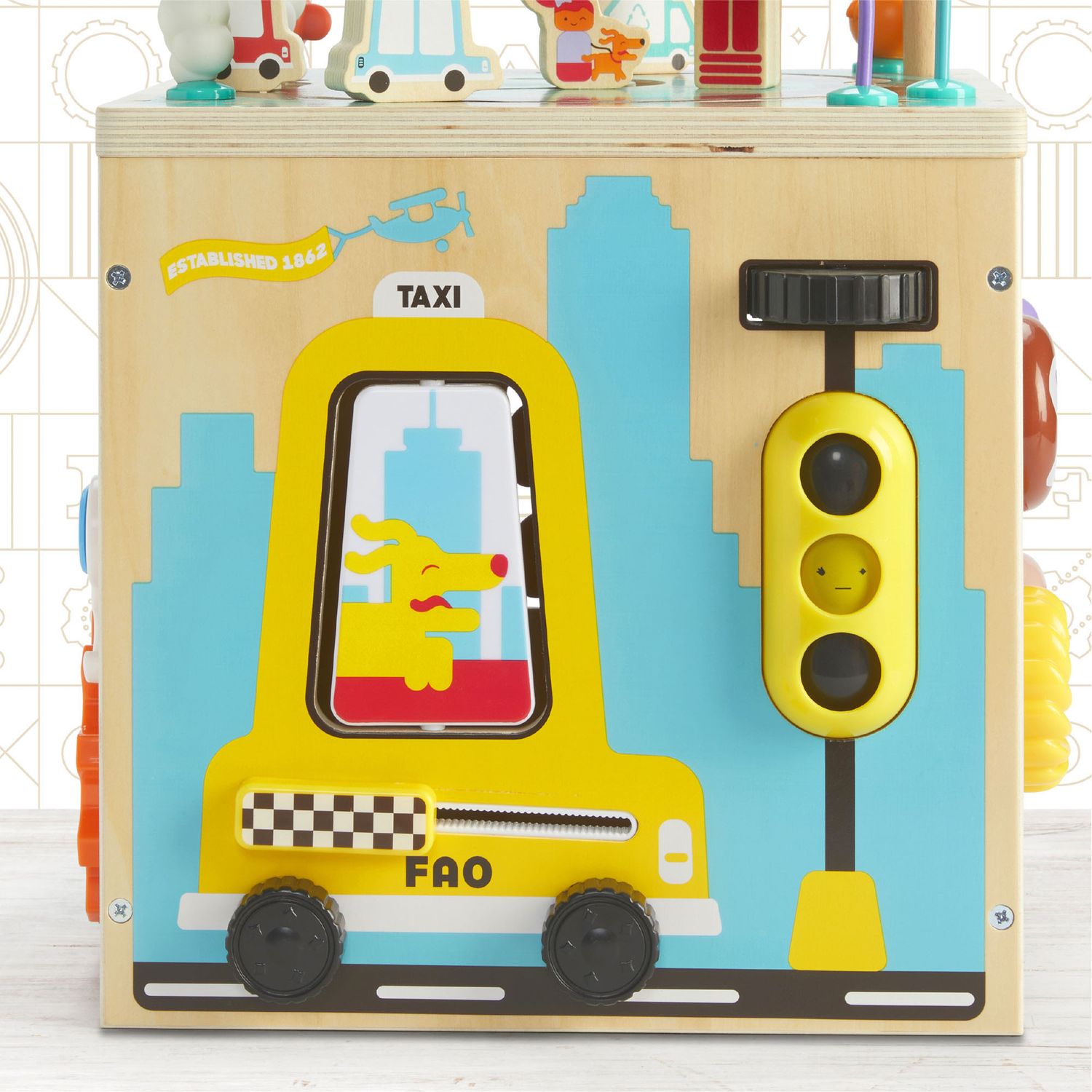 Cubo attività in legno busy city - FAO Schwarz