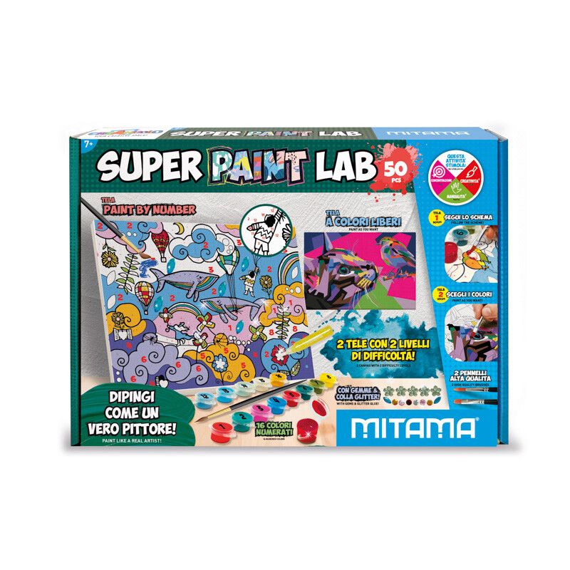 Super paint lab kit 16 col. acrilici c/pennello, 2 tele, gemme, glitter - 