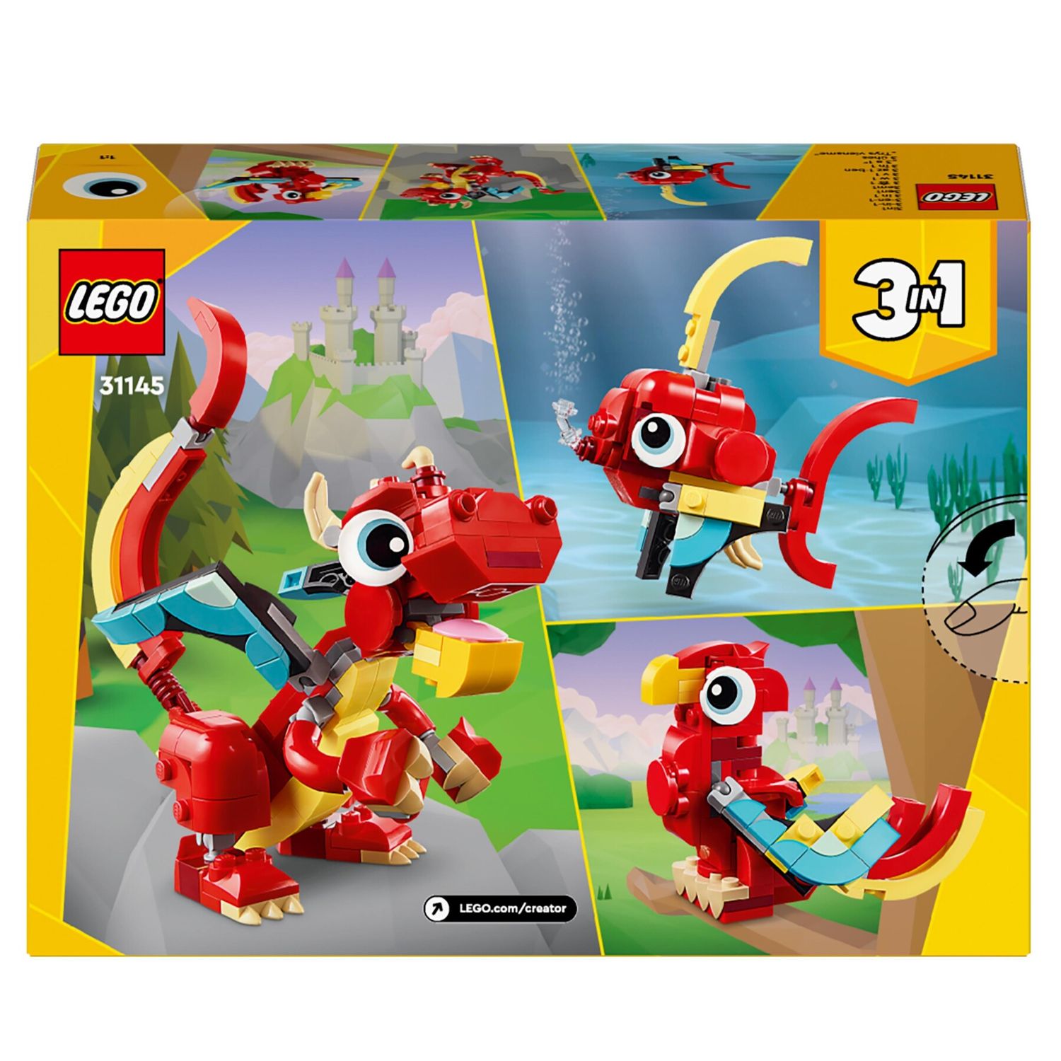 Lego creator 31145 3in1 drago rosso, giochi per bambini di 6+ anni, action figure ricostruibile in pesce e fenice giocattolo - LEGO CREATOR, Lego