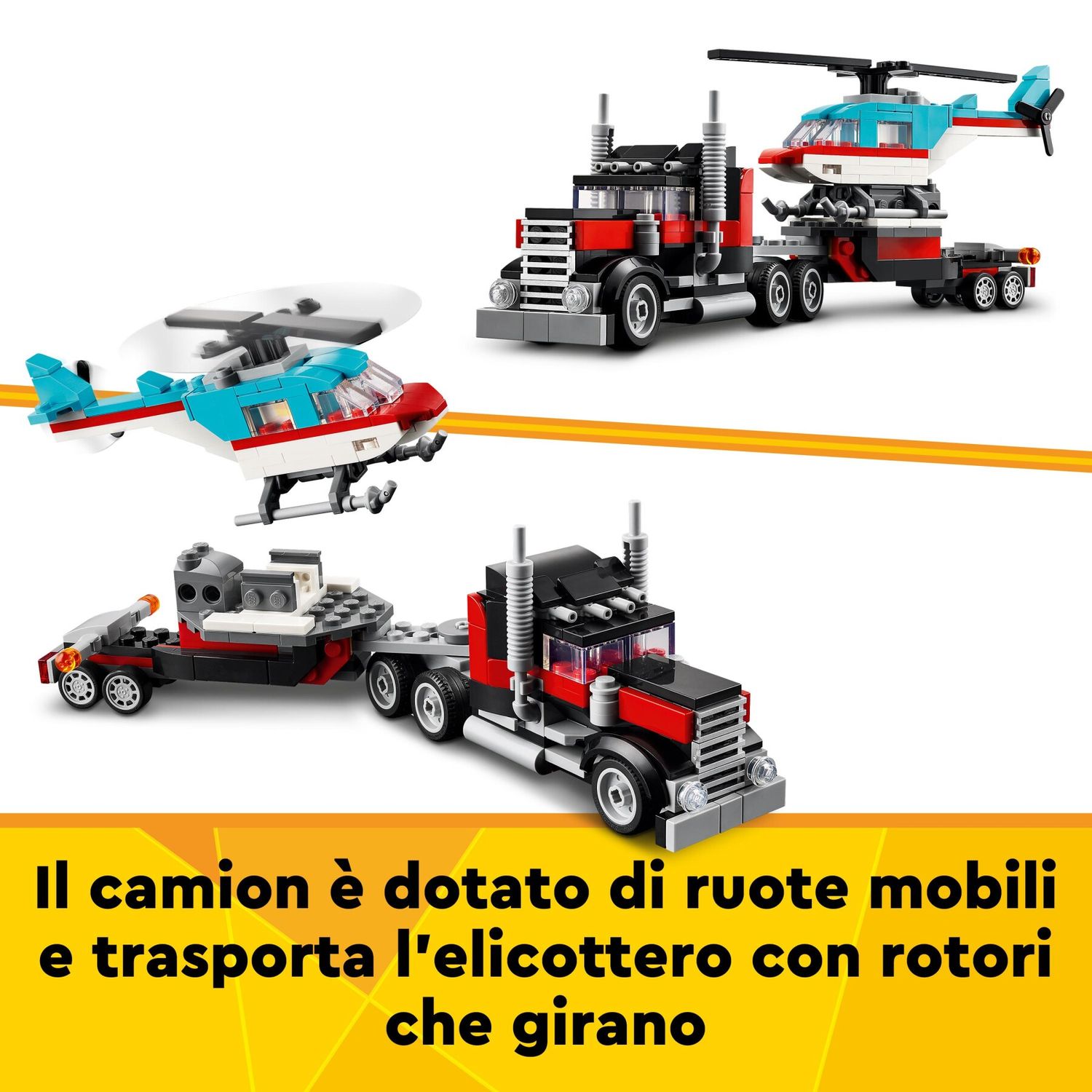 Lego creator 31146 3in1 autocarro con elicottero, giochi per bambini 7+ anni ricostruibile in aereo e cisterna o auto e suv - LEGO CREATOR, Lego