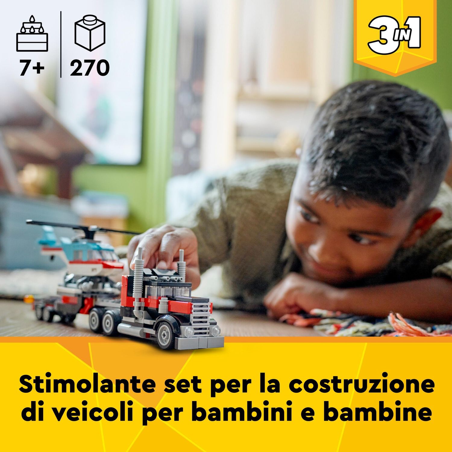 Lego creator 31146 3in1 autocarro con elicottero, giochi per bambini 7+ anni ricostruibile in aereo e cisterna o auto e suv - LEGO CREATOR, Lego