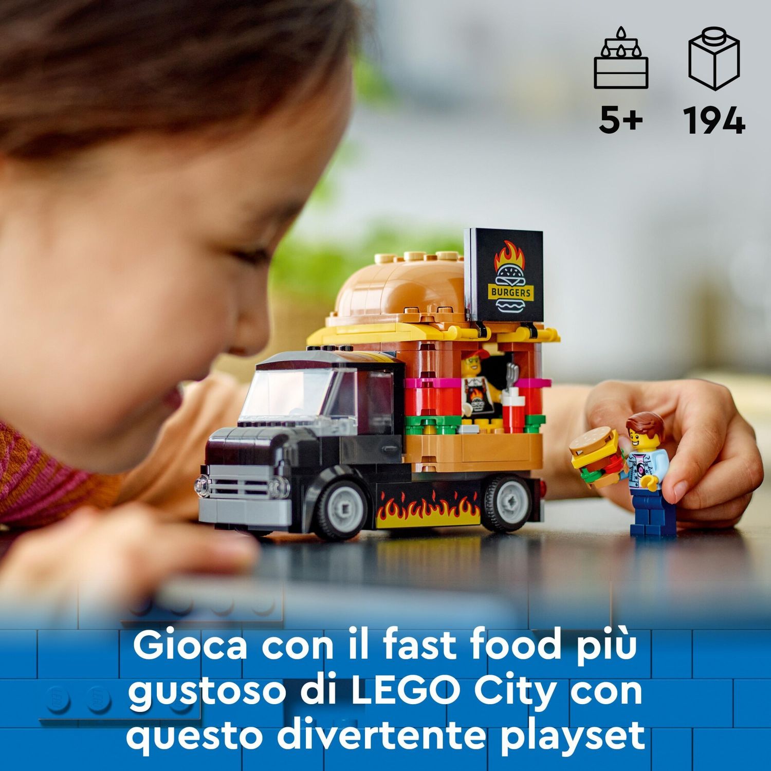 Lego city 60404 furgone degli hamburger giocattolo, veicolo per bambini 5+ anni, camion food truck con accessori e 2 minifigure - LEGO CITY, Lego