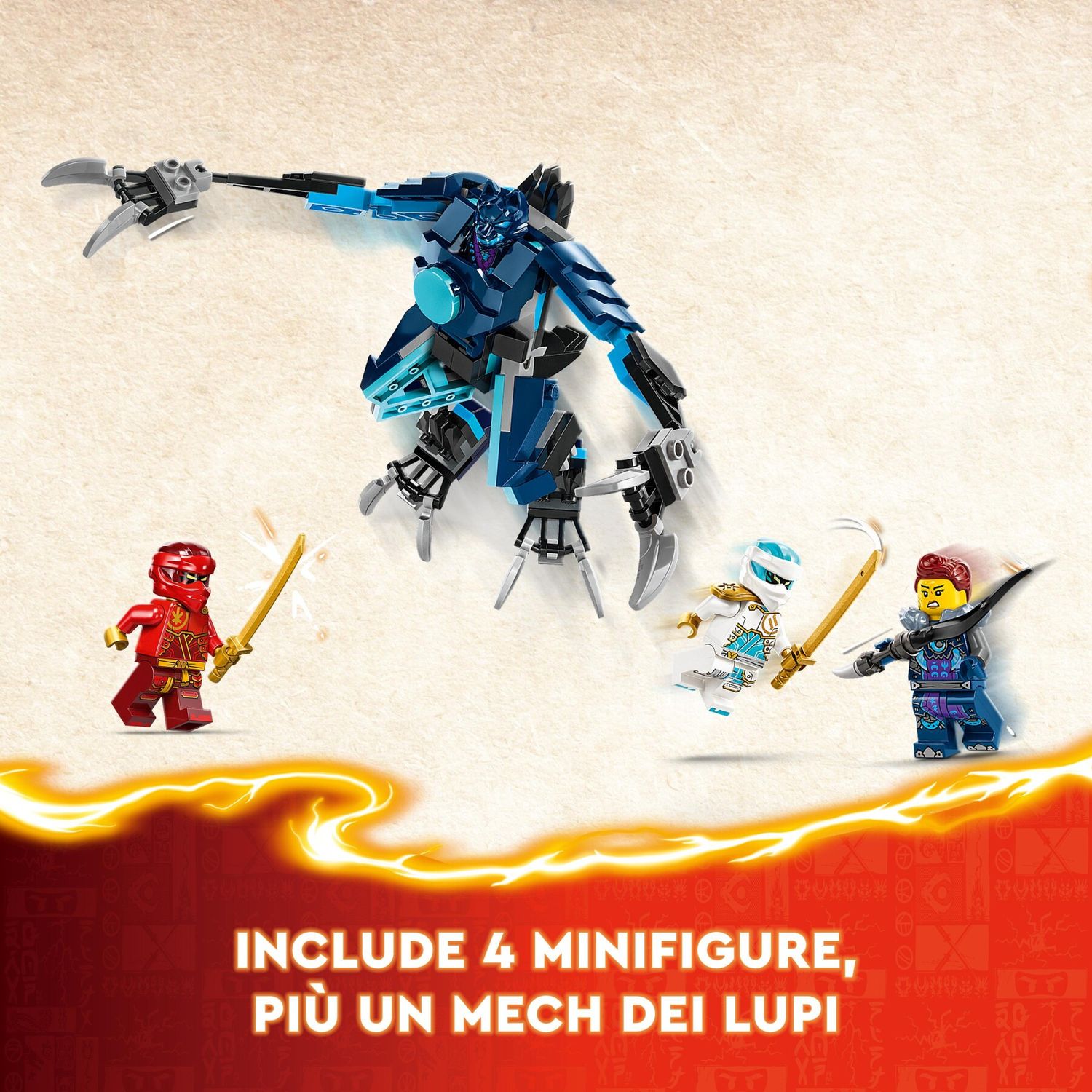 Lego ninjago 71808 mech elemento fuoco di kai, giochi per bambini di 7+ anni con 2 action figure da costruire e 4 minifigure - LEGO NINJAGO, Lego