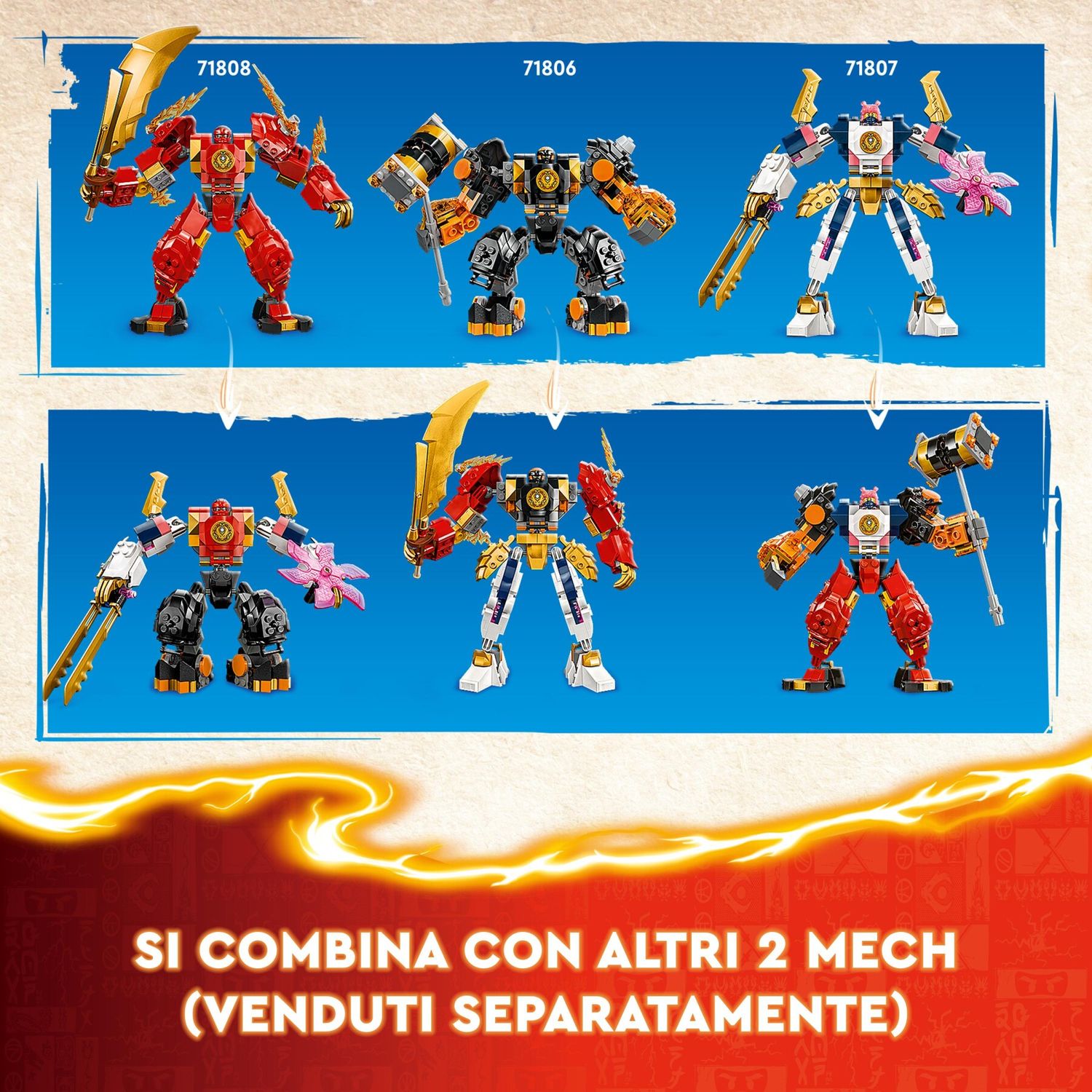 Lego ninjago 71808 mech elemento fuoco di kai, giochi per bambini di 7+ anni con 2 action figure da costruire e 4 minifigure - LEGO NINJAGO, Lego
