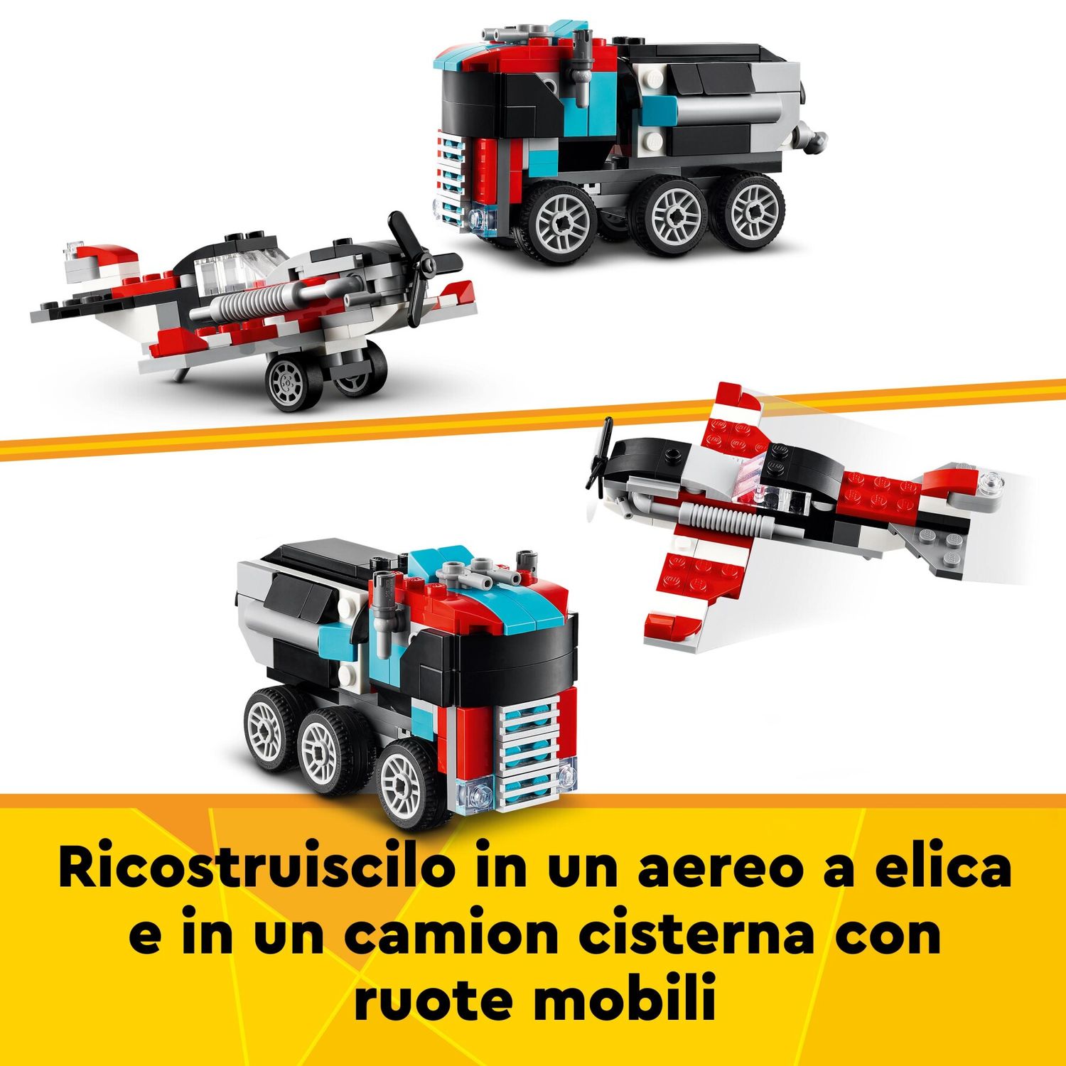 Lego creator 31146 3in1 autocarro con elicottero, giochi per bambini 7+ anni ricostruibile in aereo e cisterna o auto e suv - LEGO CREATOR, Lego