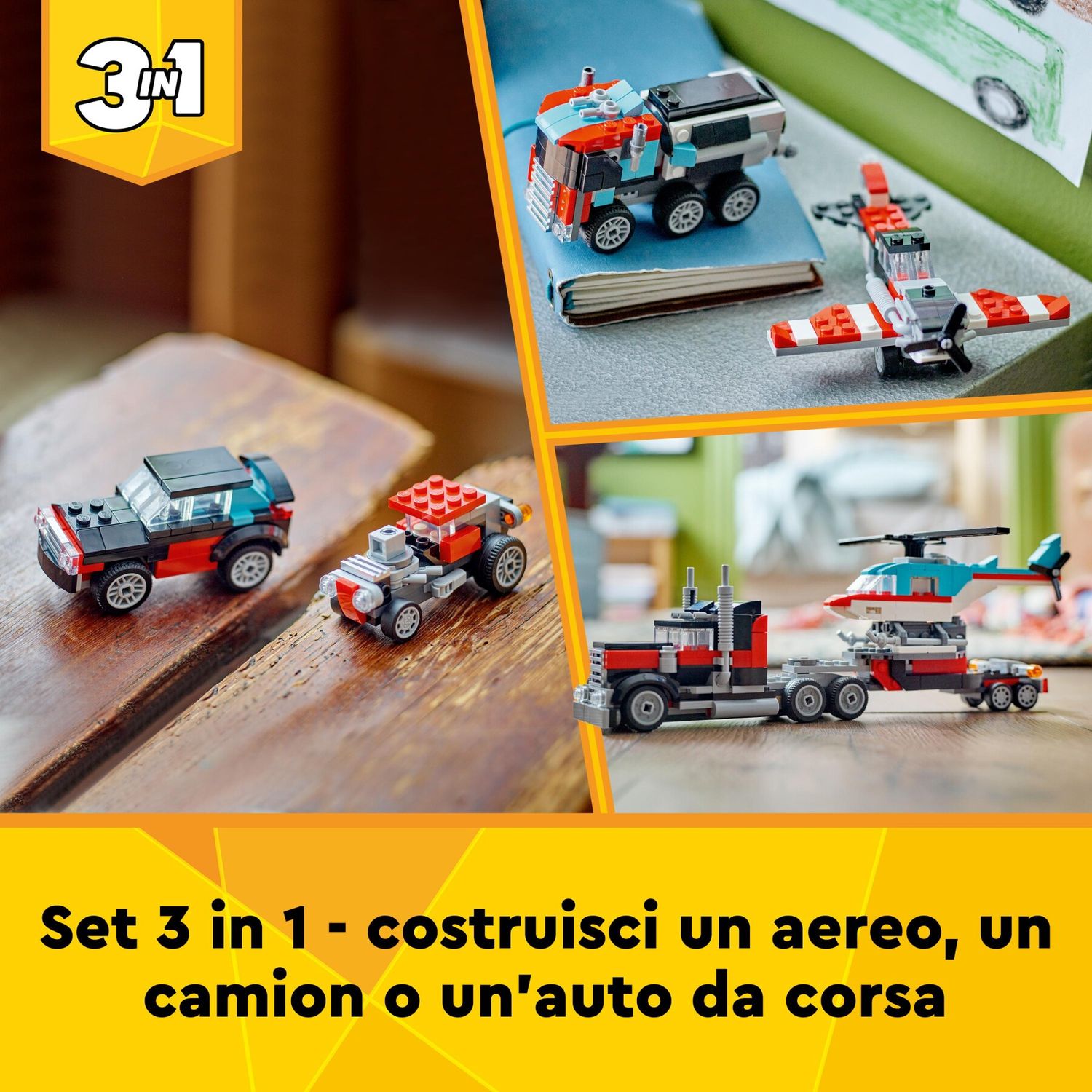 Lego creator 31146 3in1 autocarro con elicottero, giochi per bambini 7+ anni ricostruibile in aereo e cisterna o auto e suv - LEGO CREATOR, Lego