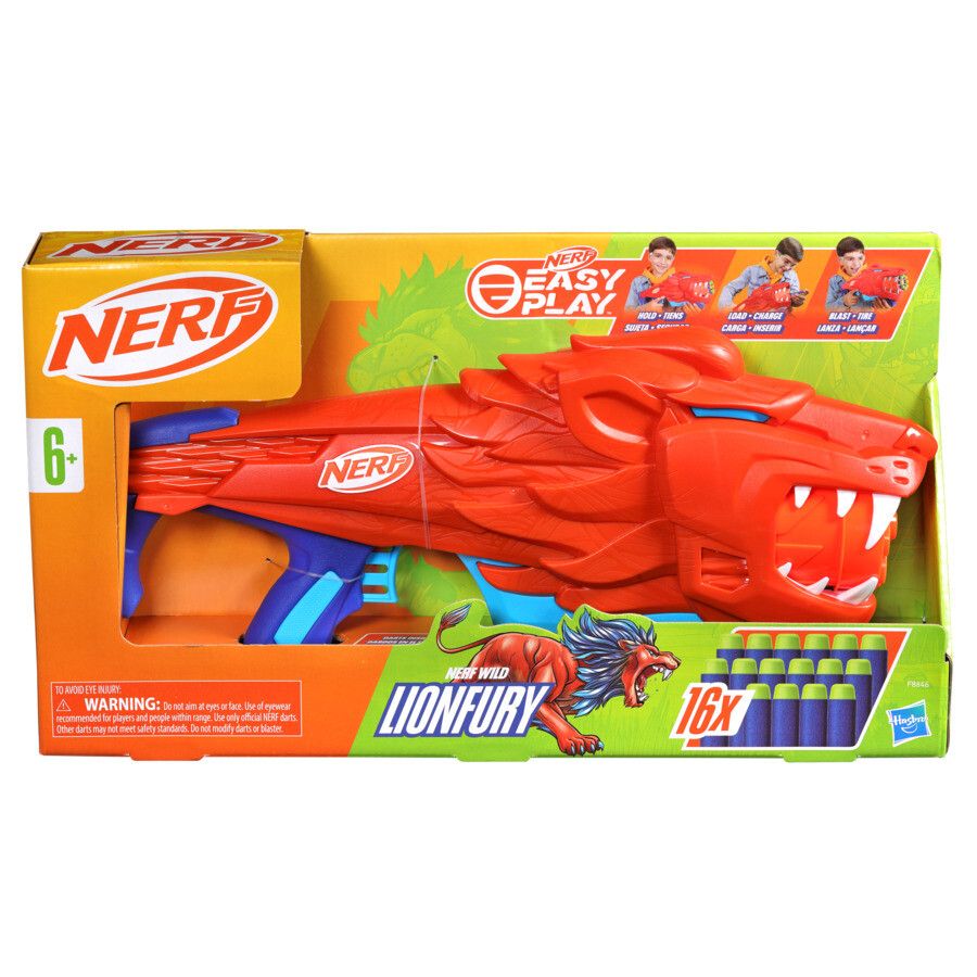 Nerf junior wild - lionfury, blaster a forma di leone, facile da usare - NERF