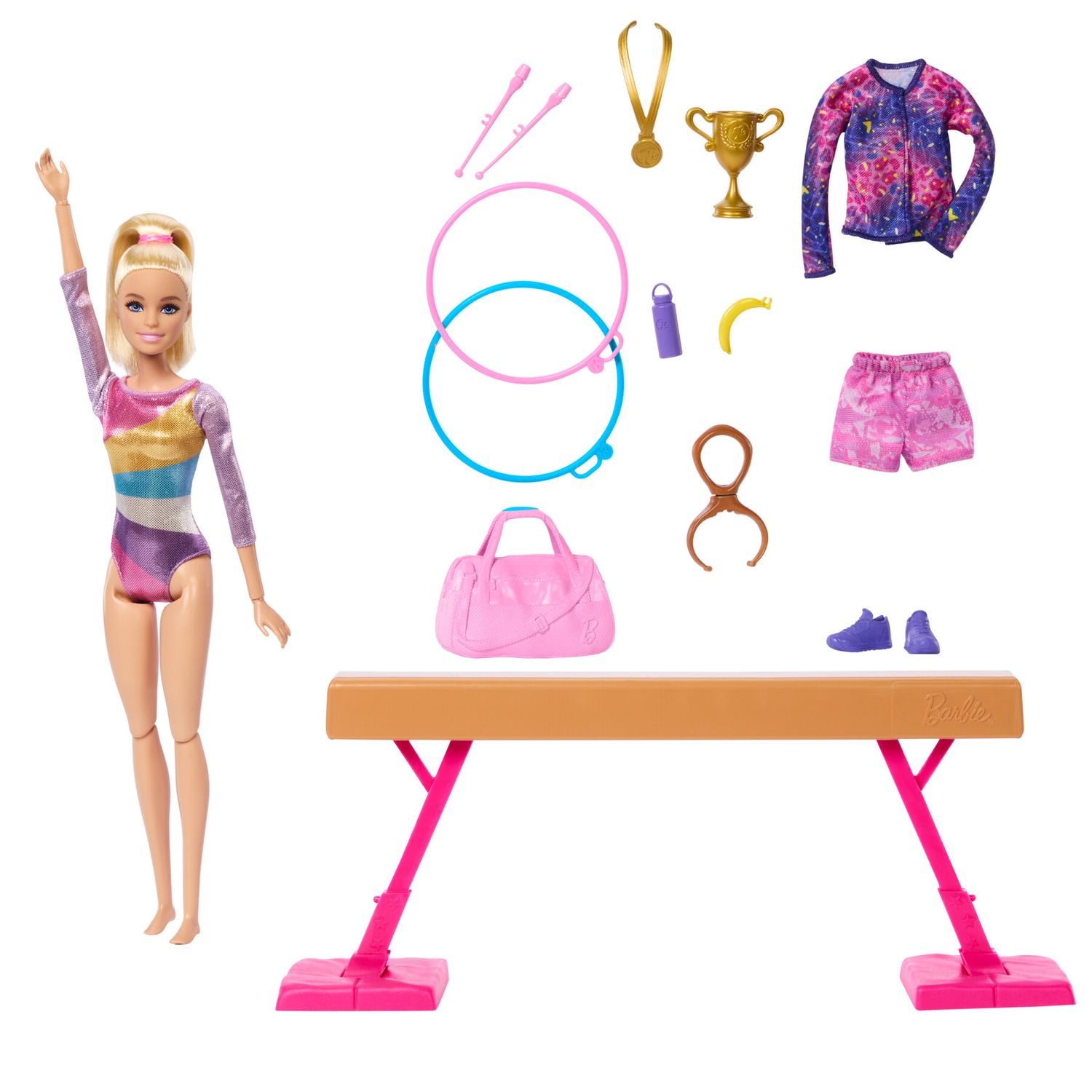 Barbie - ginnastica artistica, playset con bambola ginnasta bionda in tuta e 10 accessori inclusi - Barbie