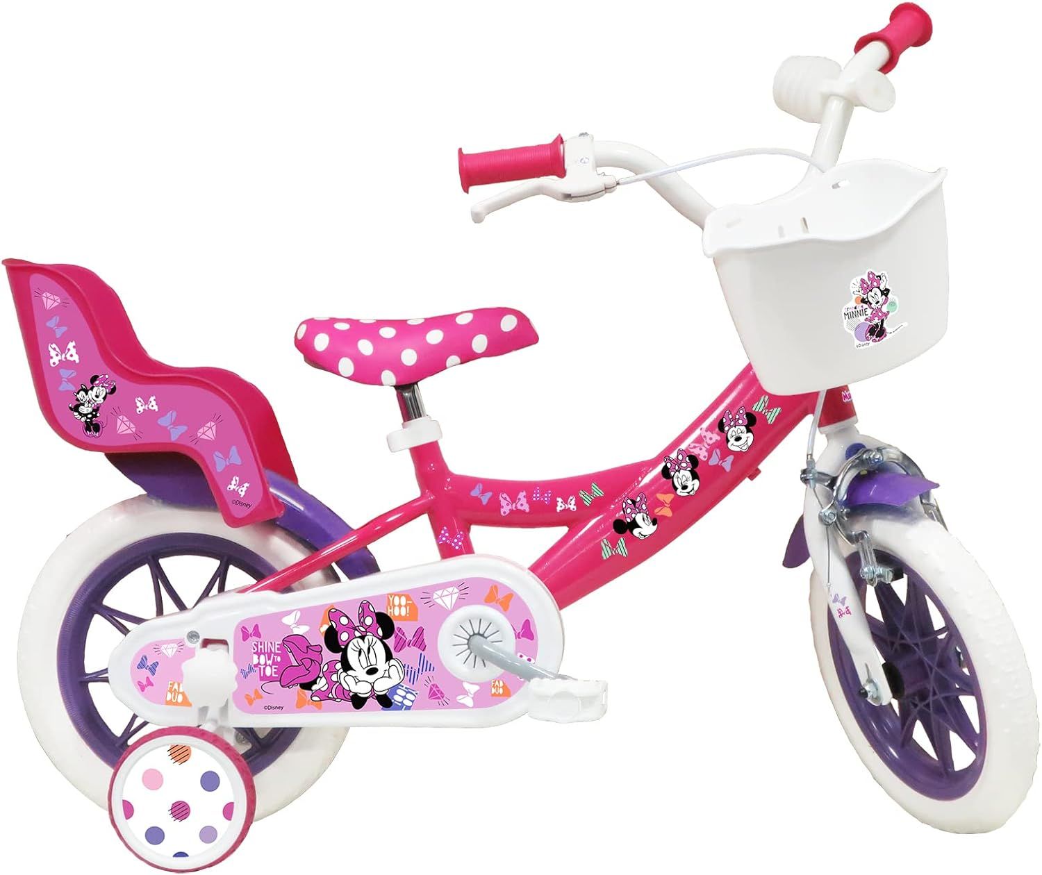Bicicletta da 12 pollici di minnie, con stabilizzatori laterali, cestino anteriore personalizzato - Minnie
