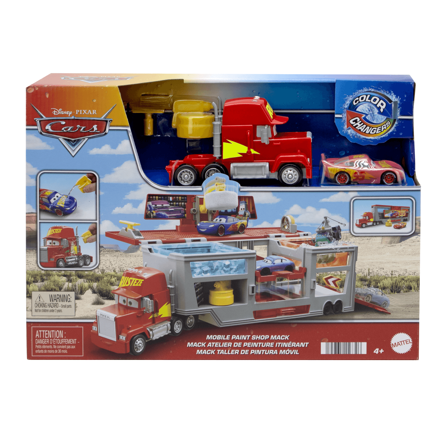 Cars - mack officina cambia colore, playset con truck e saetta mcqueen trasformabili - Cars, Disney
