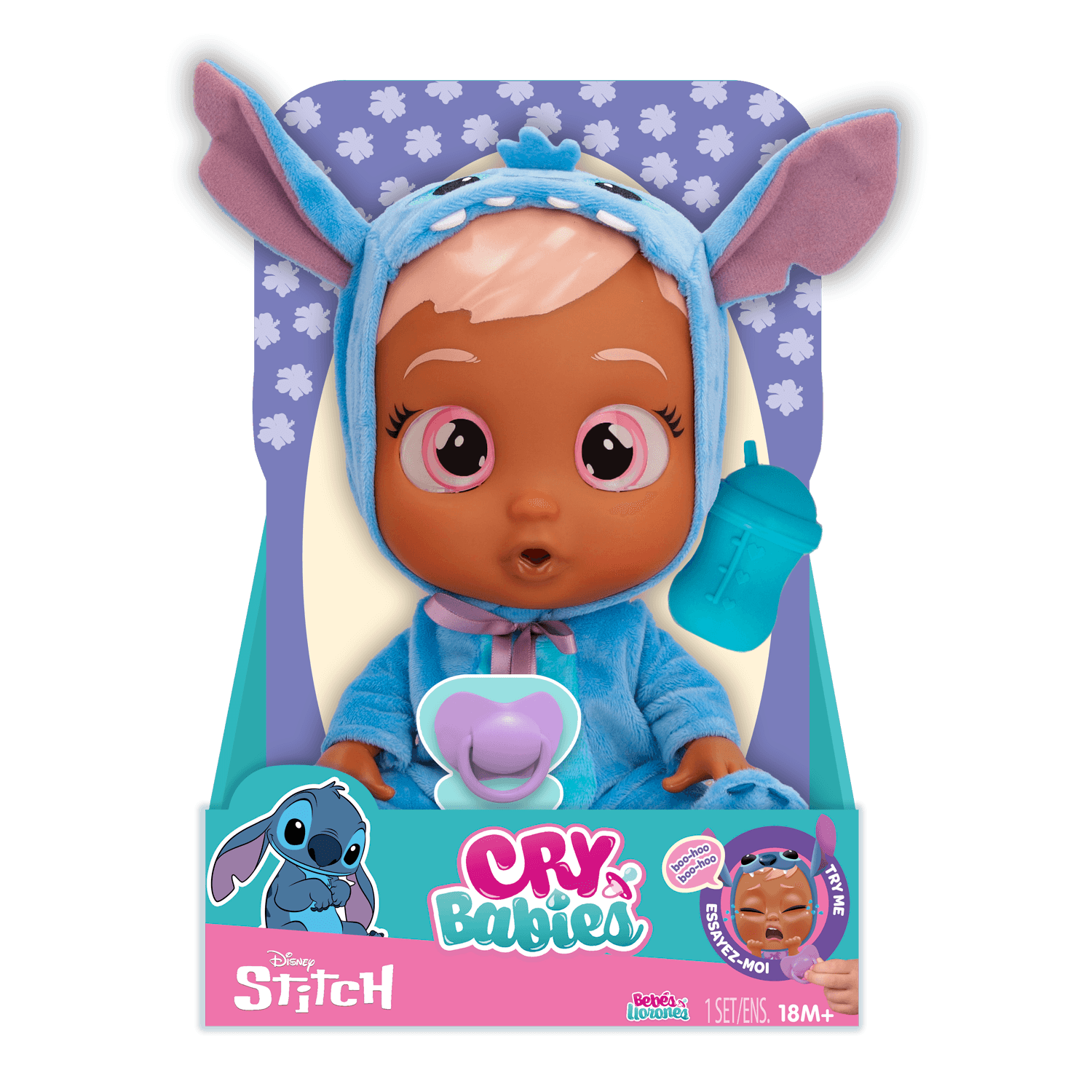 Cry babies disney stitch, bambola che indossa iconico vestito di disney stitch con ciuccio e biberon e piange lacrime vere - Disney, Disney Stitch