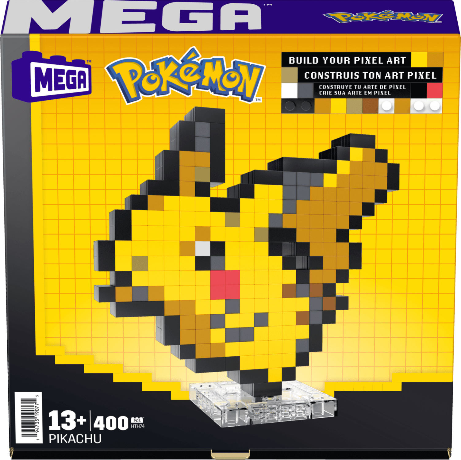 Mega pokémon showcase - pikachu, set in stile retrò pixelato da costruire con 400 pezzi, con base piana per esporlo e incisione sul retro per appenderlo - MEGA BLOKS, POKEMON