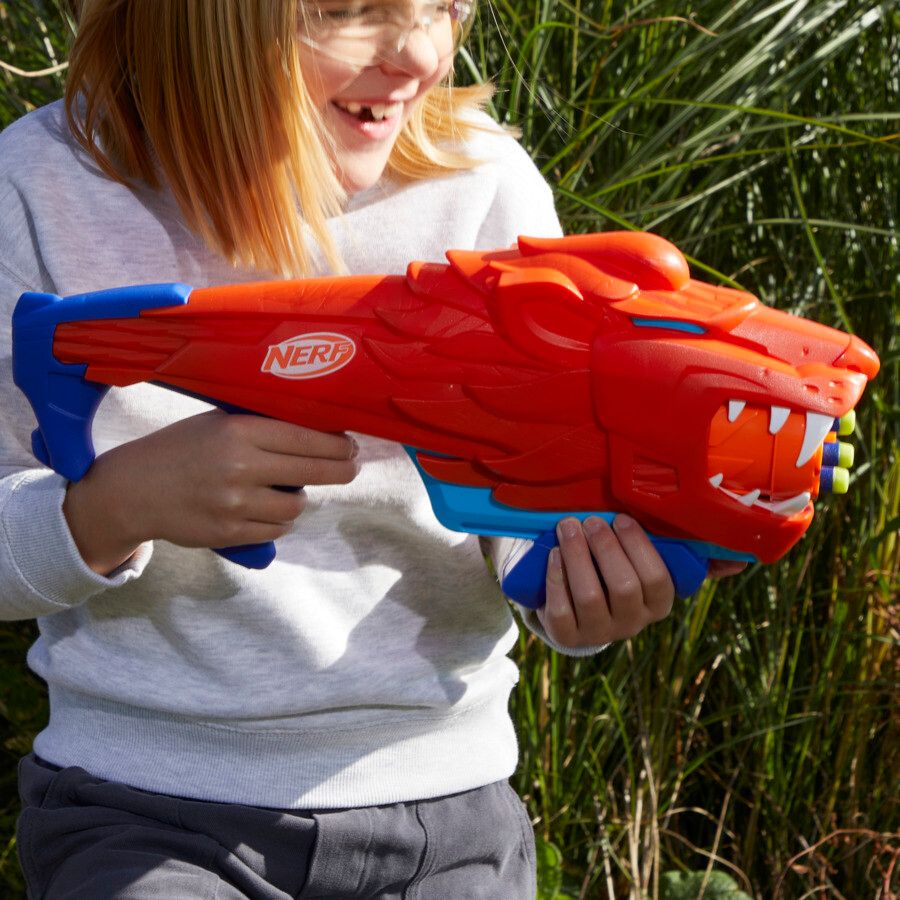Nerf junior wild - lionfury, blaster a forma di leone, facile da usare - NERF