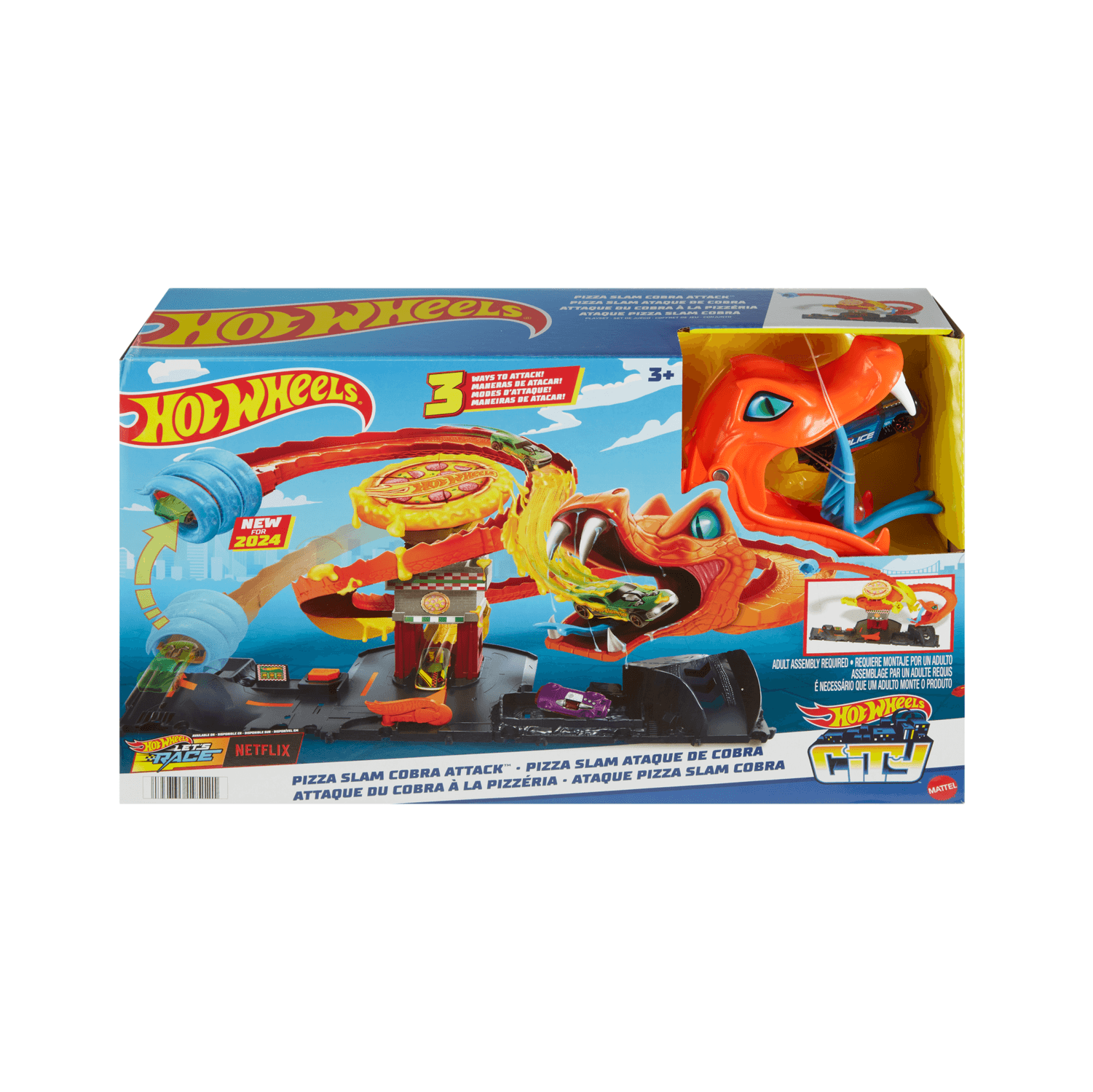 Hot wheels - attacco del cobra in pizzeria, playset con pista a spirale e funzione a scomparsa casuale con 3 percorsi, veicolo incluso - Hot Wheels