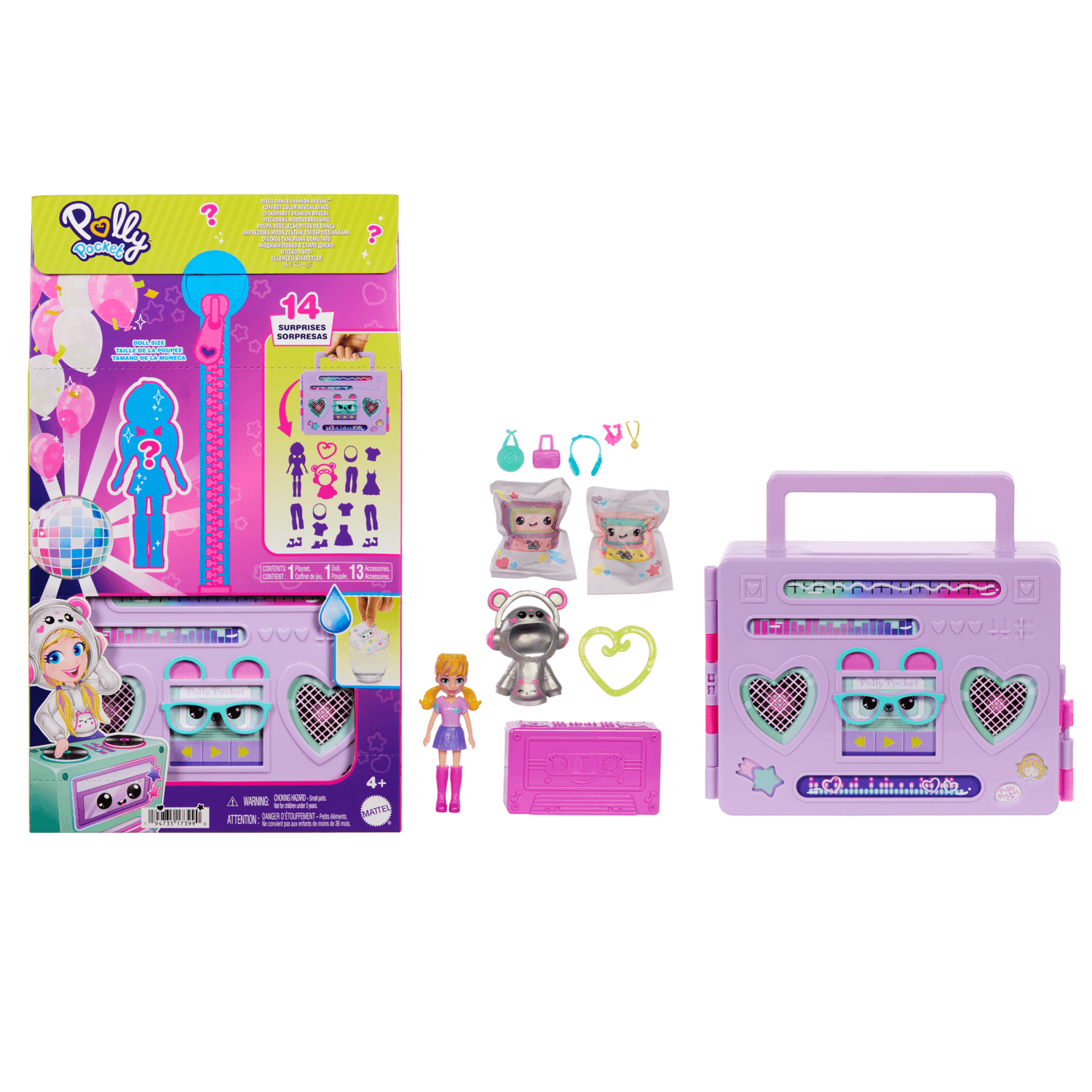Polly pocket - disco dance fashion reveal, playset da viaggio a forma di stereo portatile con bambola e accessori inclusi - Polly Pocket