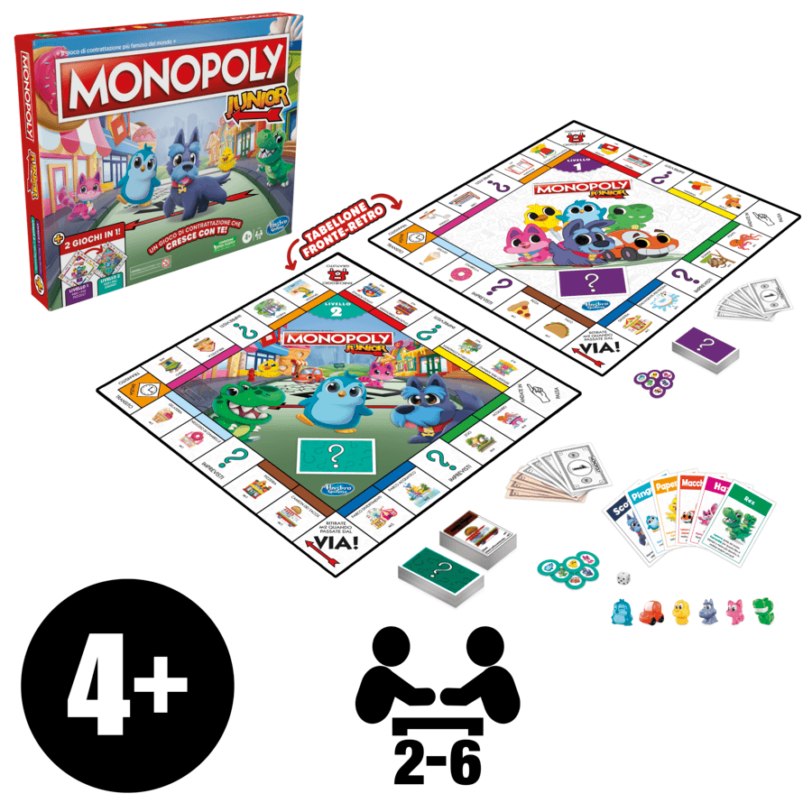 Hasbro gaming - monopoly junior 2 giochi in 1, gioco da tavolo, tabellone fronte-retro - HASBRO GAMING