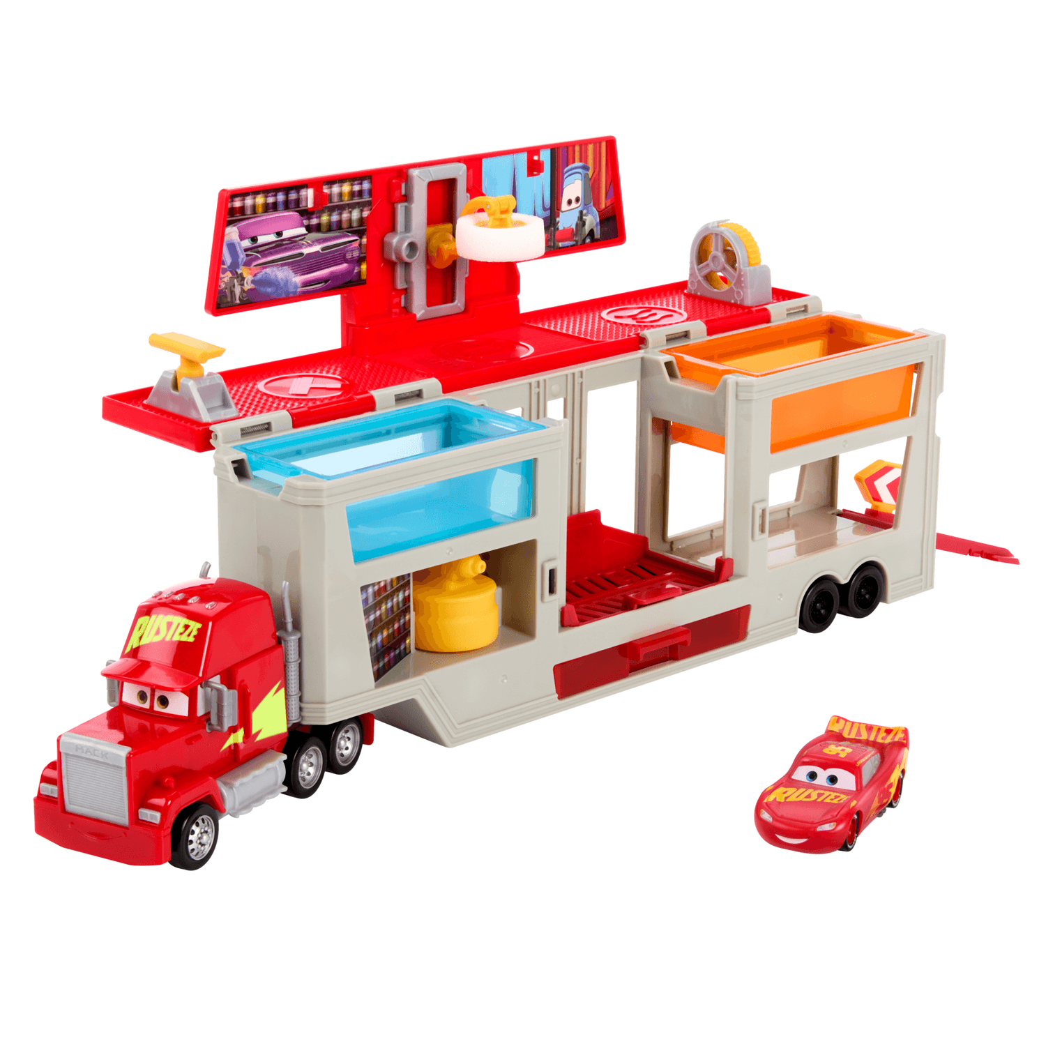 Cars - mack officina cambia colore, playset con truck e saetta mcqueen trasformabili - Cars, Disney