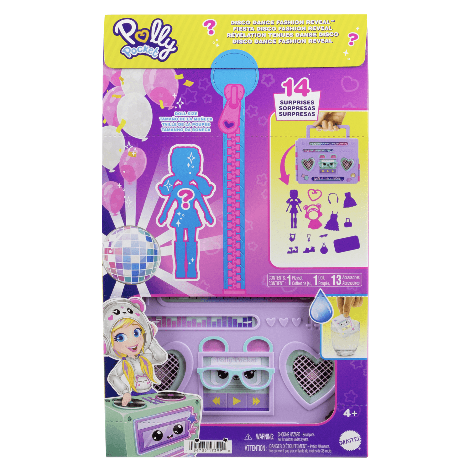 Polly pocket - disco dance fashion reveal, playset da viaggio a forma di stereo portatile con bambola e accessori inclusi - Polly Pocket