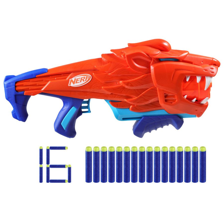 Nerf junior wild - lionfury, blaster a forma di leone, facile da usare - NERF