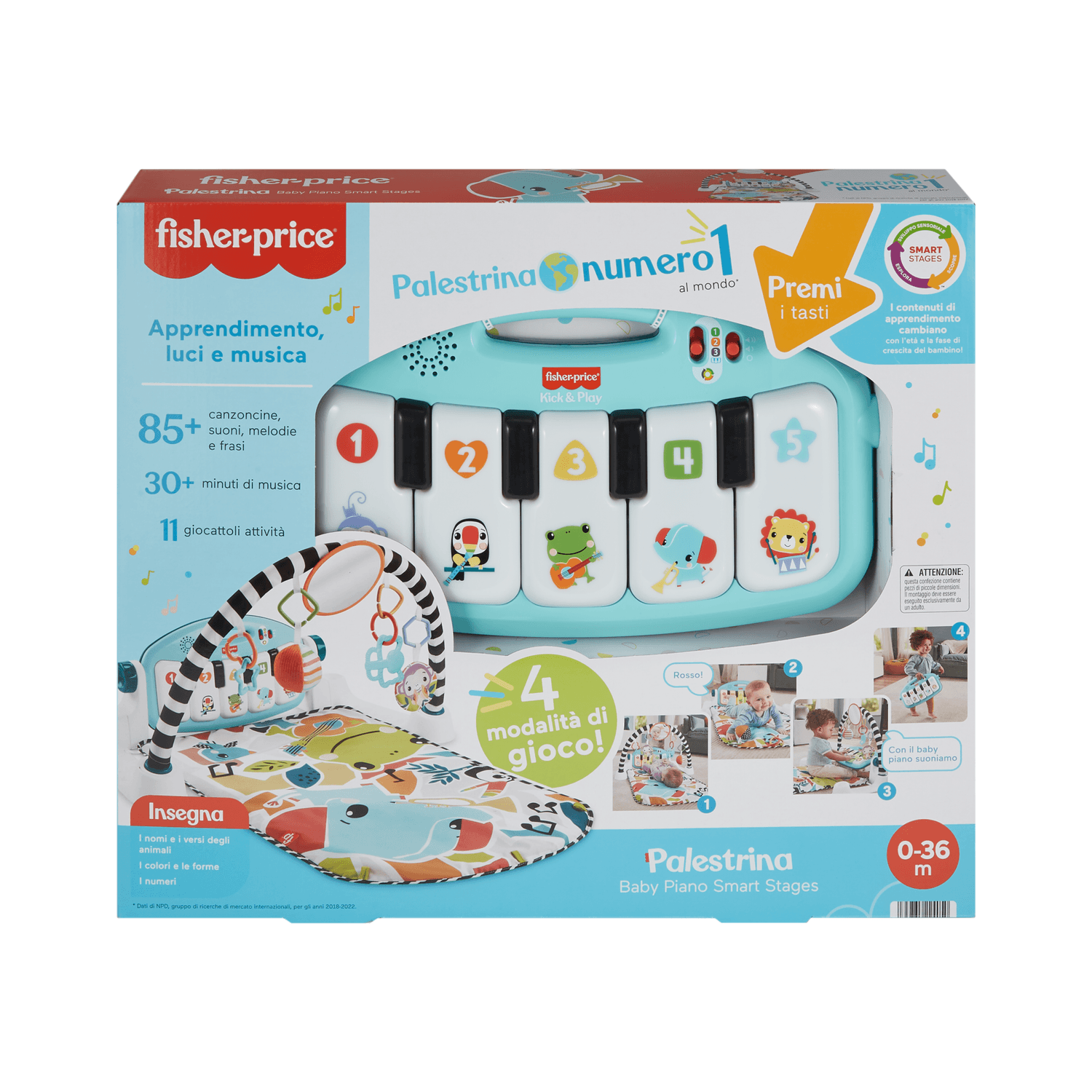 Fisher-price - palestrina baby piano, set musicale portatile con 3 livelli di apprendimento smart stages, include 10 giocattoli collegabili - FISHER-PRICE