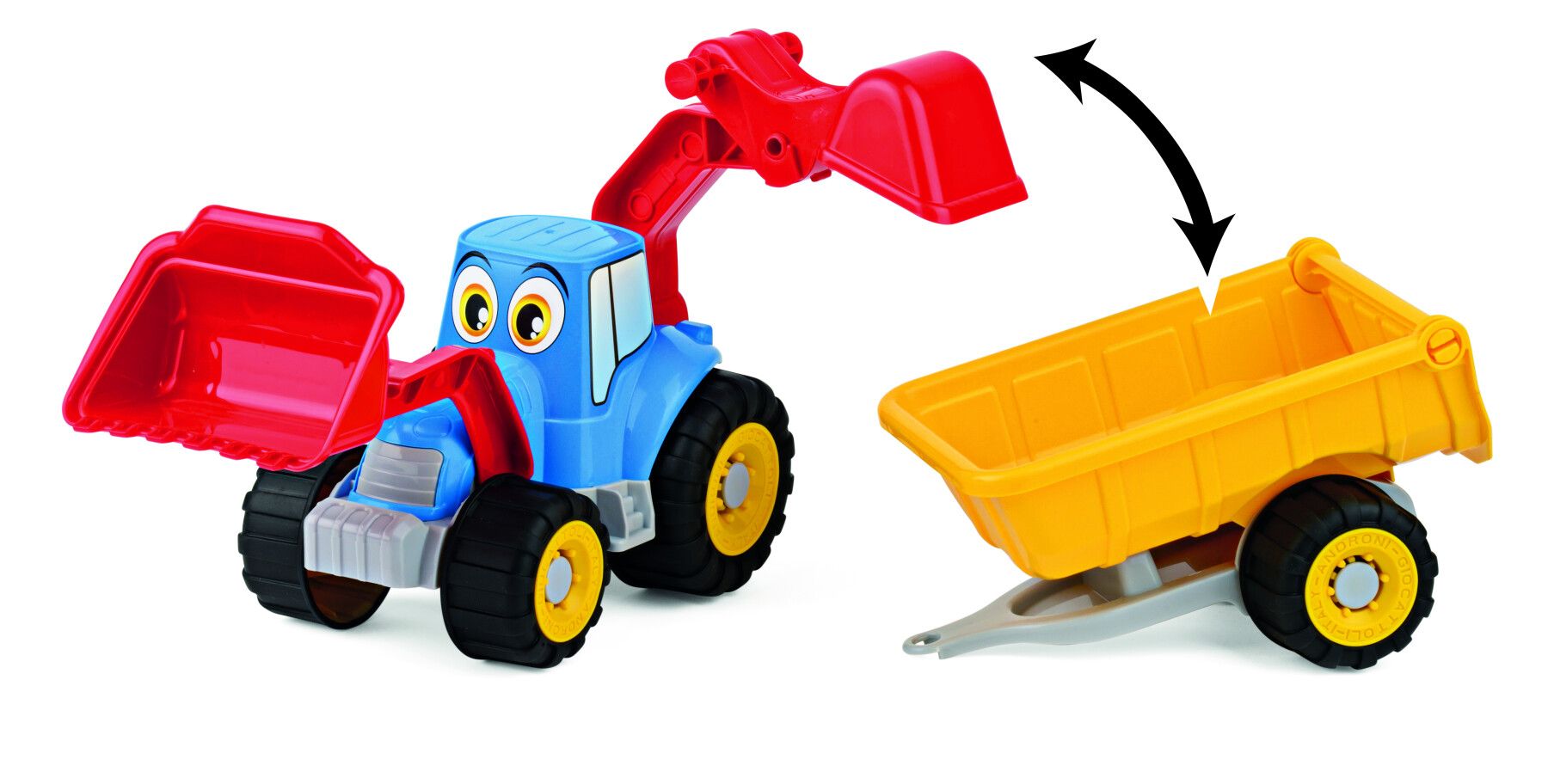 Trattorino con rimorchio con ruote soft cm 30. due "braccia" con benne movibili . cassone staccabile e ribaltabile - 