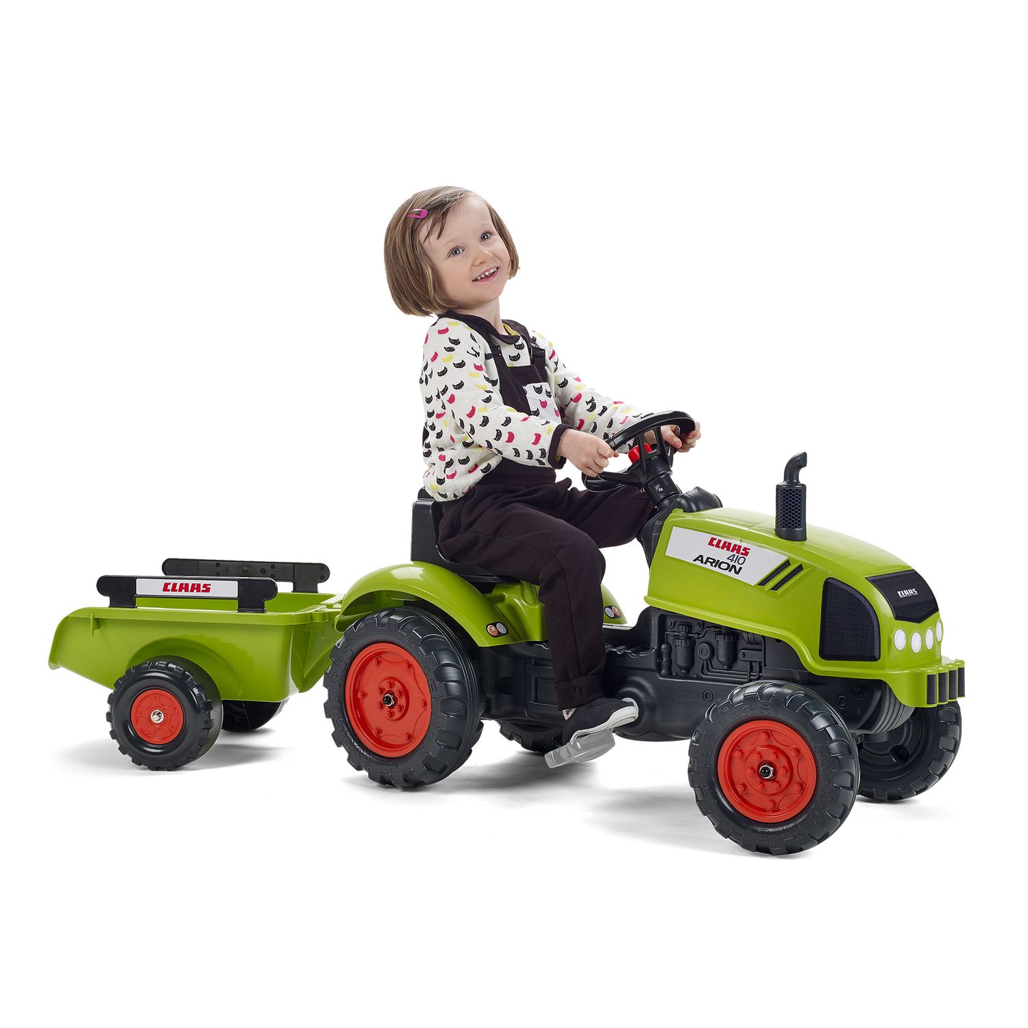 Trattore claas arion a pedali per bambini - cofano apribile e rimorchio inclusi - età 2-5 anni - 