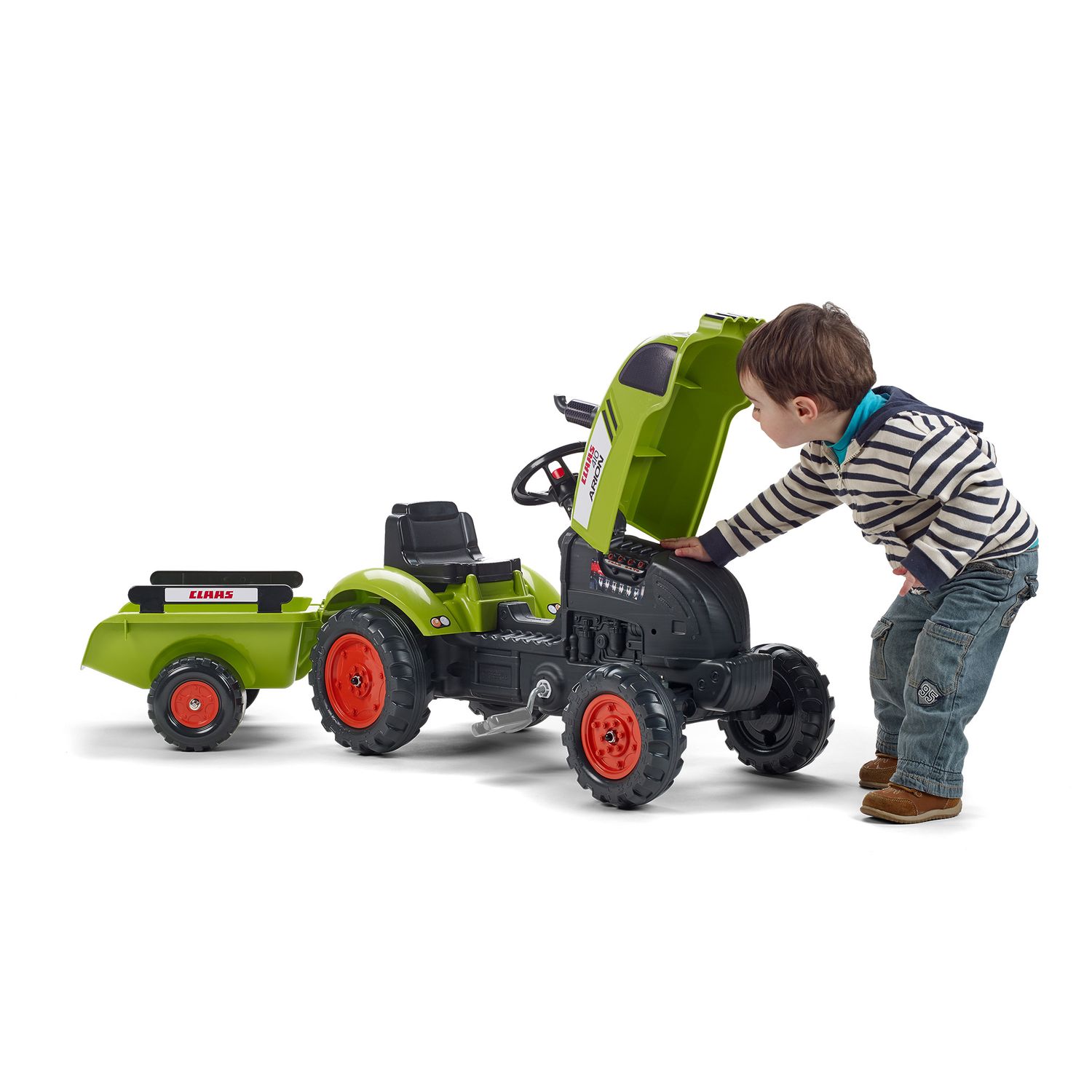 Trattore claas arion a pedali per bambini - cofano apribile e rimorchio inclusi - età 2-5 anni - 