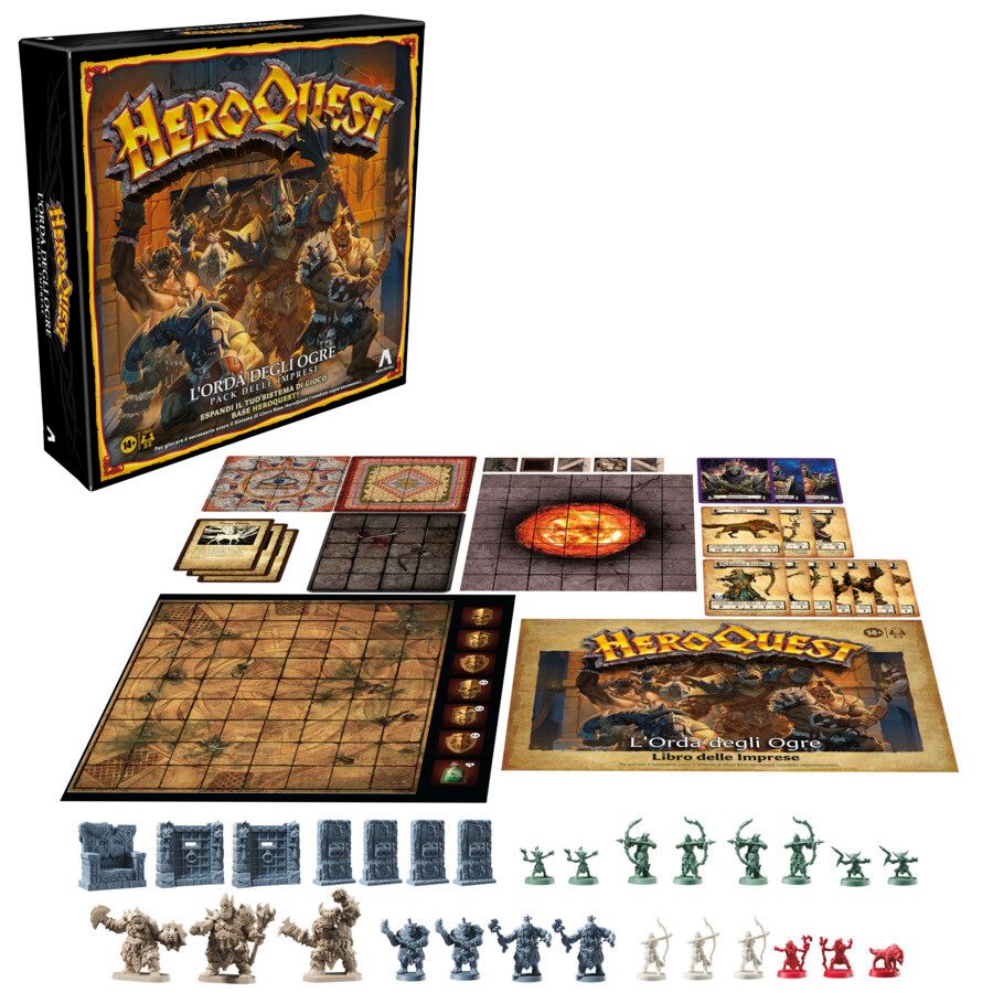 Avalon hill, heroquest, pack delle imprese l'orda degli ogre, dai 14 anni in su, da 2 a 5 giocatori, per giocare è necessario avere il sistema di gioco base heroquest - 