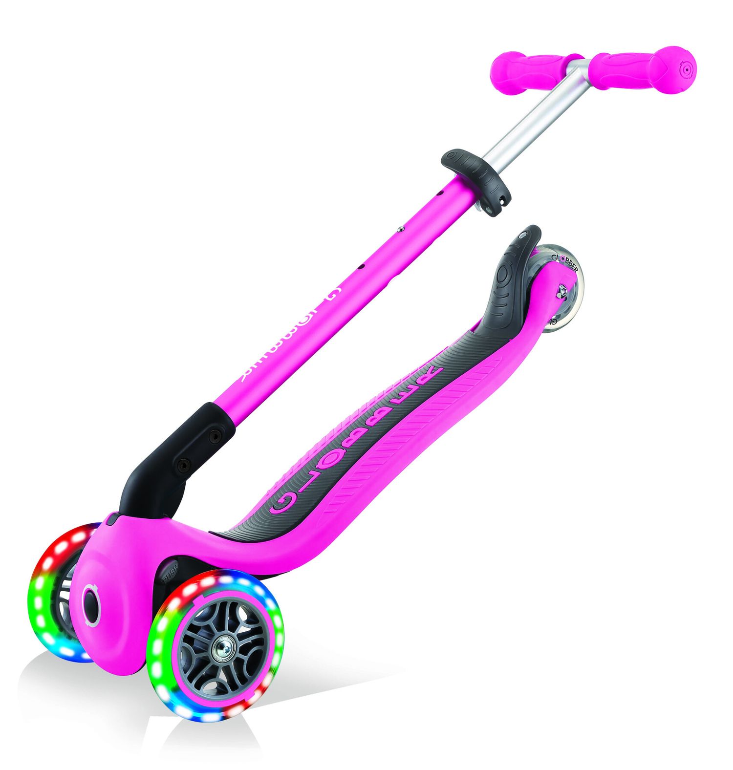 Globber primo foldable lights: monopattino 3 ruote rosa neon - per bambini 3-7 anni - GLOBBER