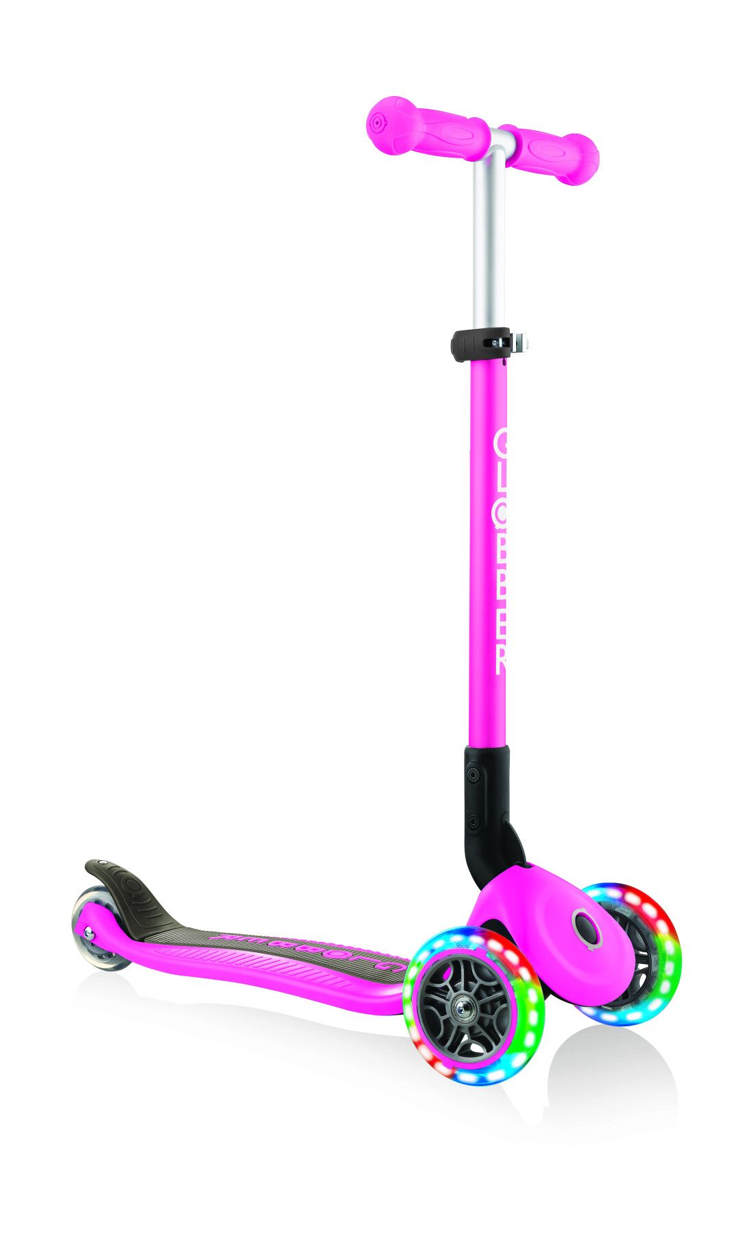Globber primo foldable lights: monopattino 3 ruote rosa neon - per bambini 3-7 anni - GLOBBER