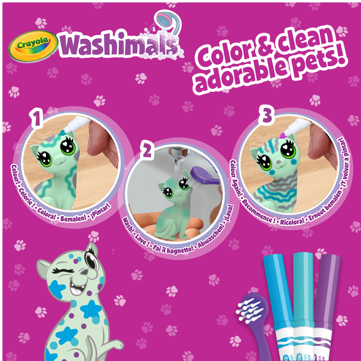 Crayola washimals pastel pets - set ricarica con 3 cuccioli, 3 pennarelli lavabili e spazzolina, gioco e regalo per bambini, da 3 anni - CRAYOLA