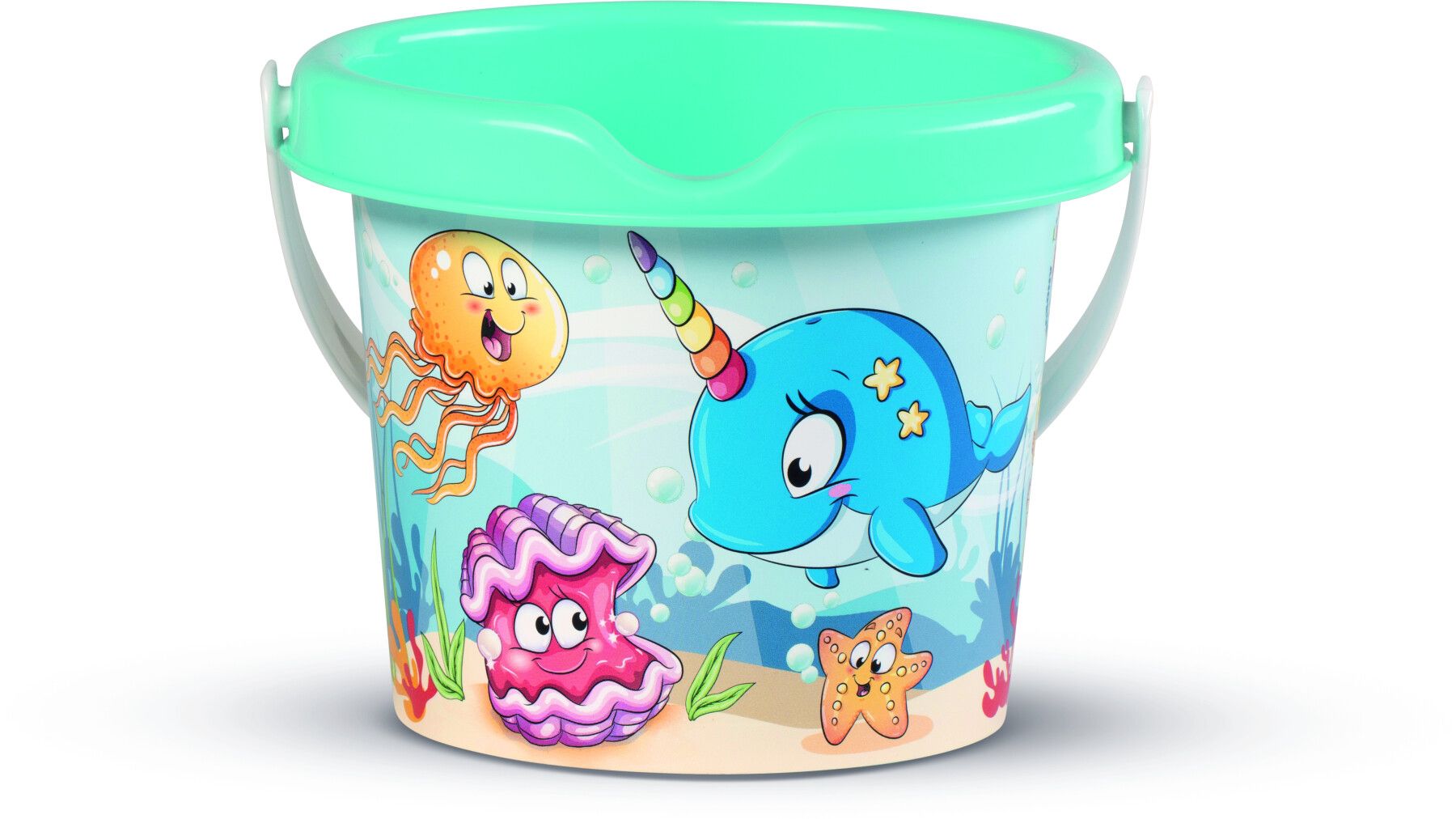 Carriola con set mare happy fish composto da secchiello decorato annaffiatoio setaccio paletta rastrello e una formina - 