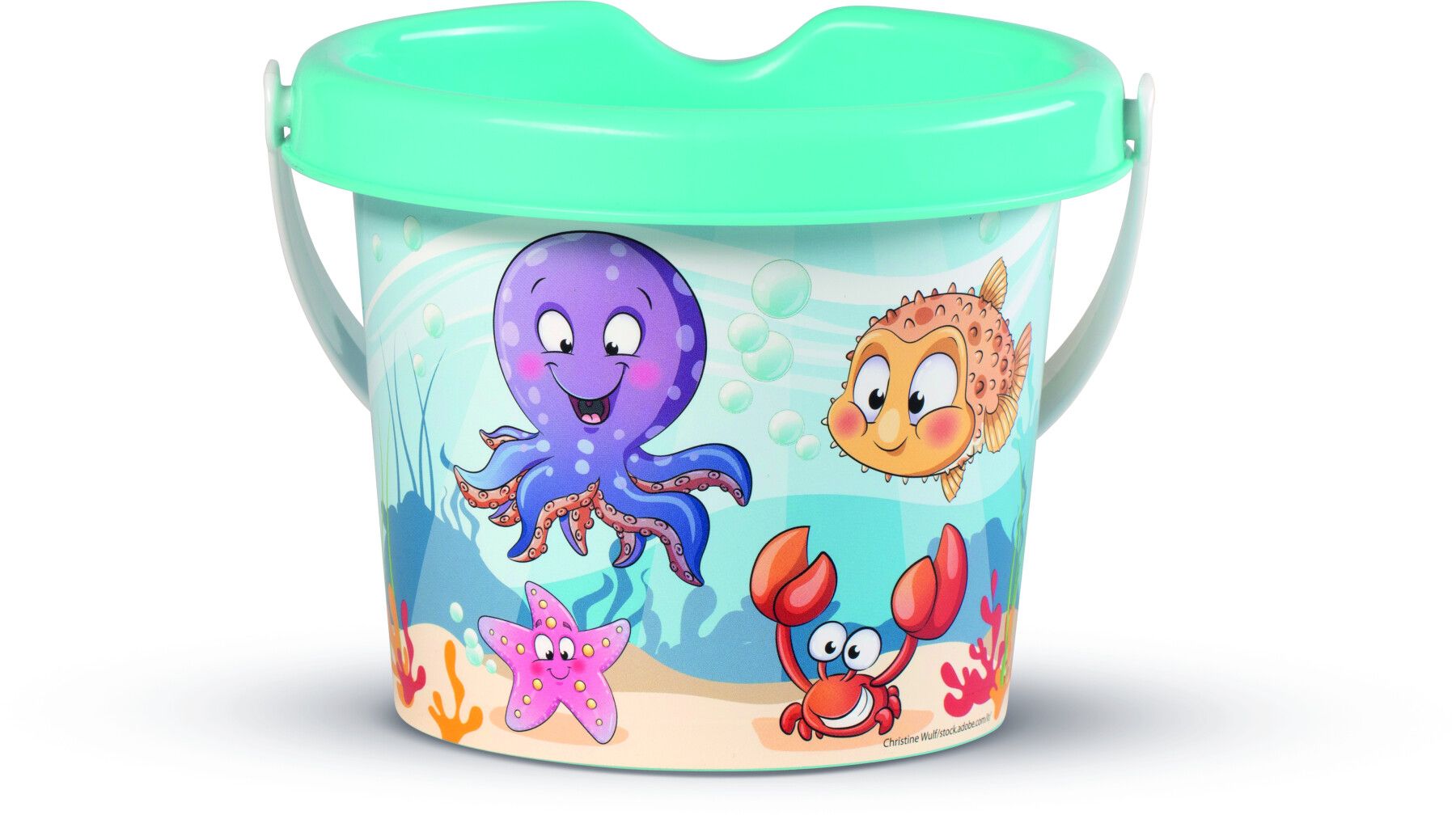 Carriola con set mare happy fish composto da secchiello decorato annaffiatoio setaccio paletta rastrello e una formina - 