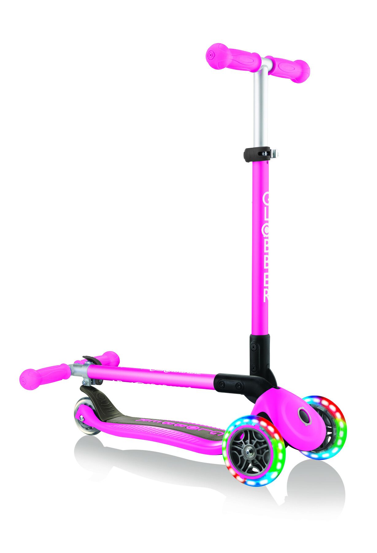 Globber primo foldable lights: monopattino 3 ruote rosa neon - per bambini 3-7 anni - GLOBBER