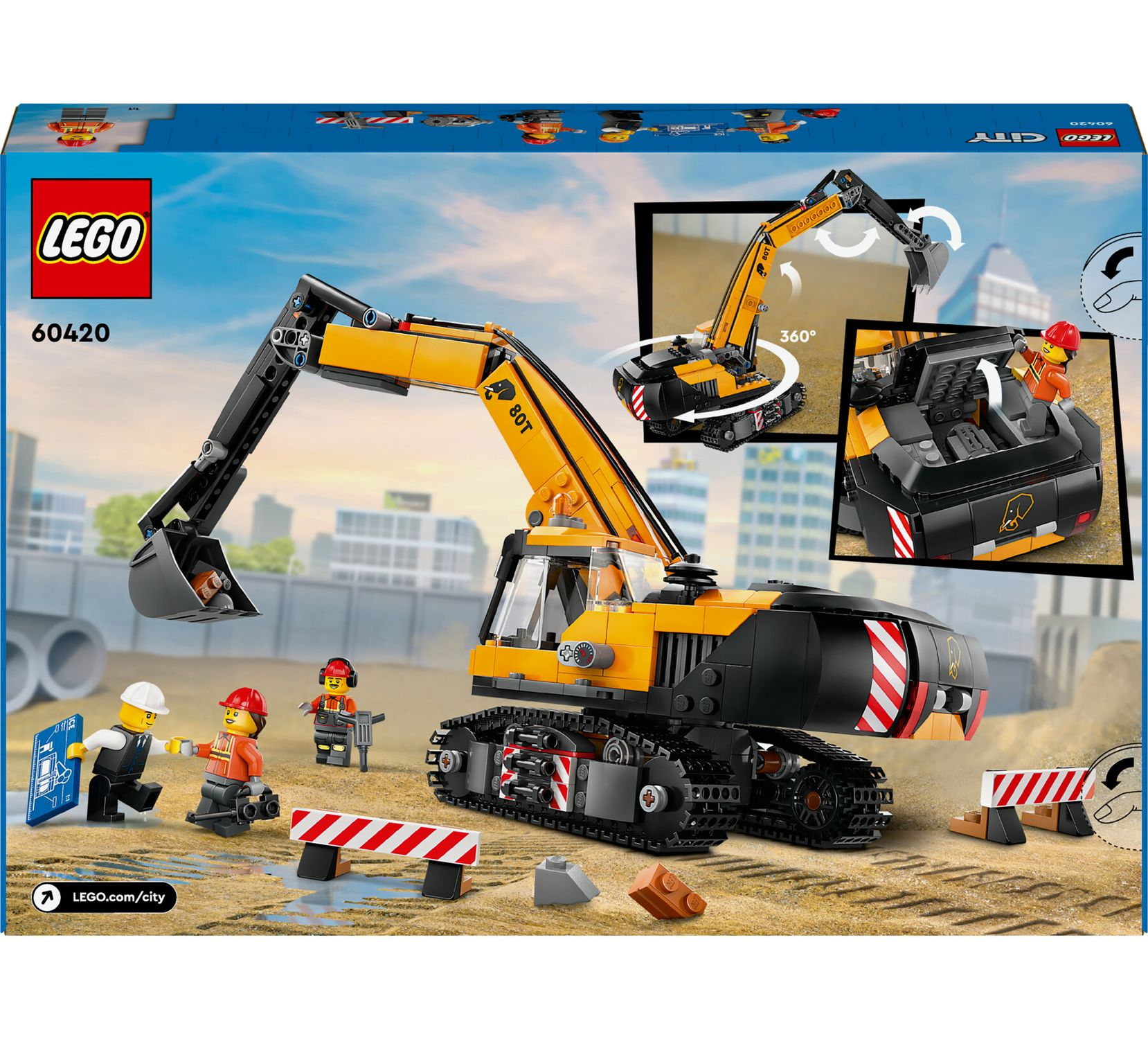 Lego city 60420 escavatore da cantiere giallo, giochi creativi per bambini 8+, veicolo giocattolo da cantiere e 3 minifigure - LEGO CITY, Lego