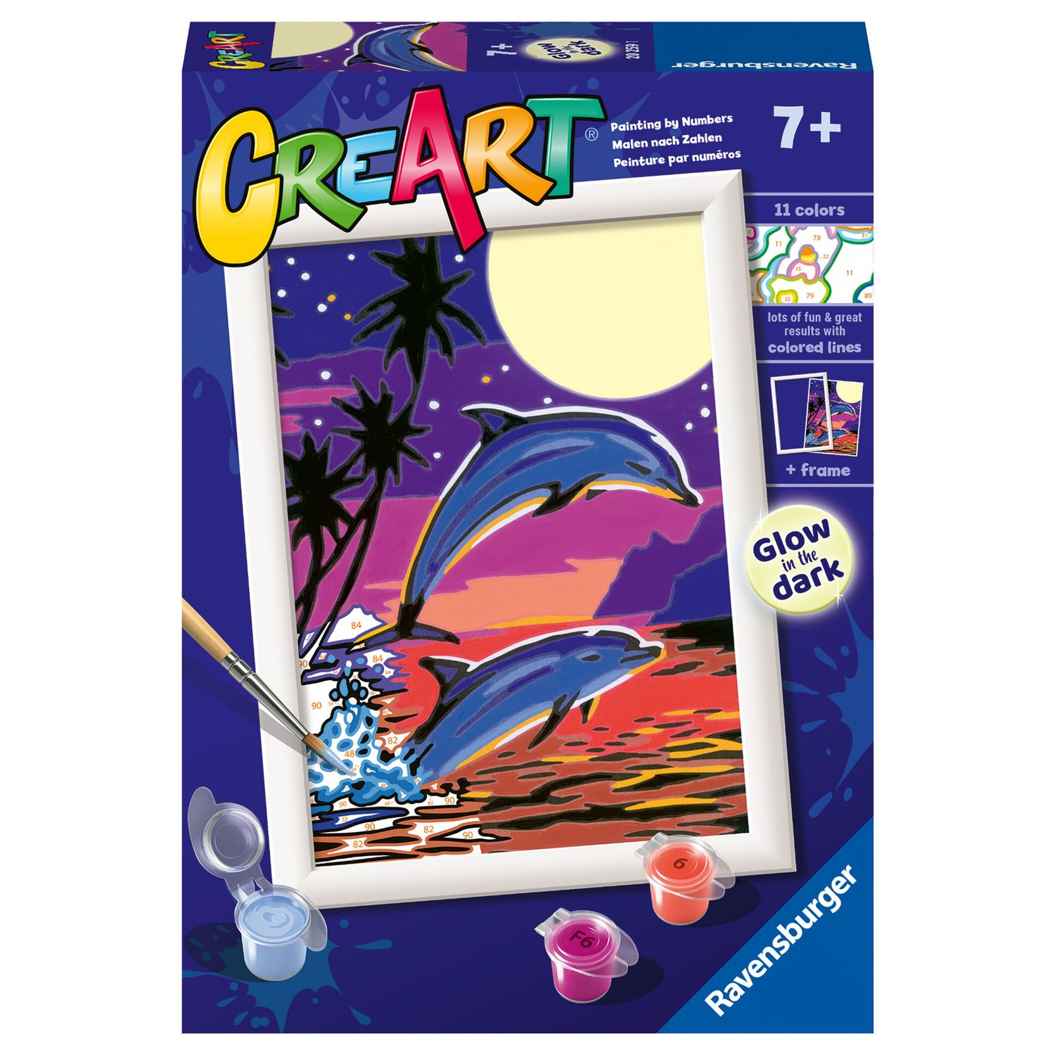 Ravensburger - creart serie e delfini al chiaro di luna - kit dipingere con i numeri - contiene una tavola prestampata, pennello, colori- 7+ anni - CREART, RAVENSBURGER