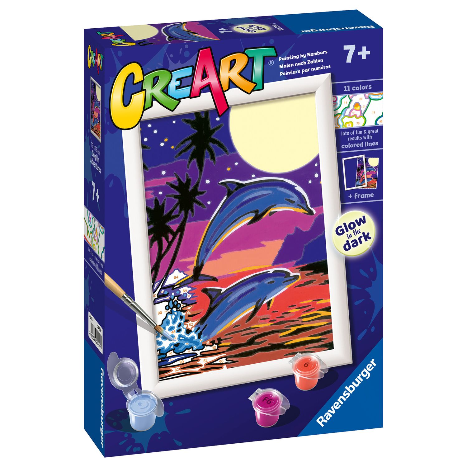 Ravensburger - creart serie e delfini al chiaro di luna - kit dipingere con i numeri - contiene una tavola prestampata, pennello, colori- 7+ anni - CREART, RAVENSBURGER
