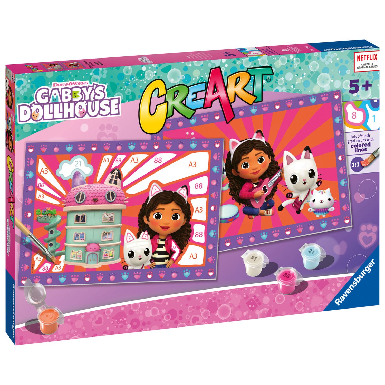 Ravensburger - creart serie junior - gabby's dollhouse - kit dipingere con i numeri -2 tavole prestampate, pennello e colori - 5+ anni - CREART, GABBY'S DOLLHOUSE