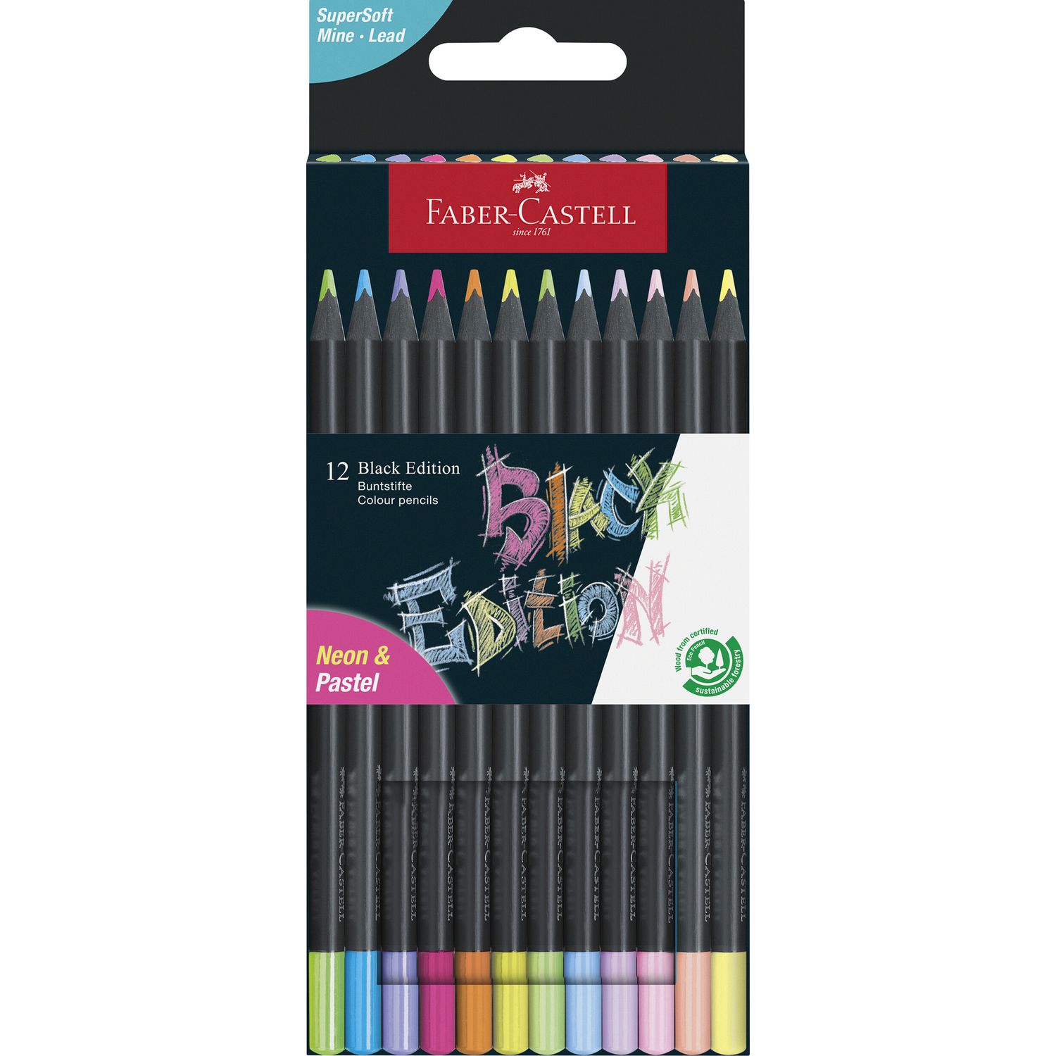 Astuccio in cartone da 12 matite colorate black edition neon + pastel - FABER-CASTELL