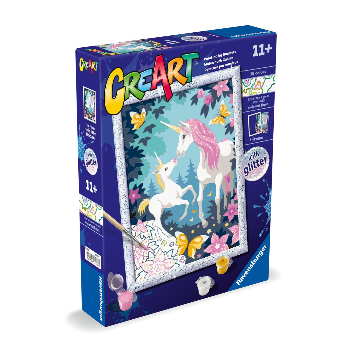 Ravensburger - creart serie d unicorni glitter - kit pittura con numeri - contiene una tavola prestampata, pennello, colori - 11+ anni - CREART, RAVENSBURGER
