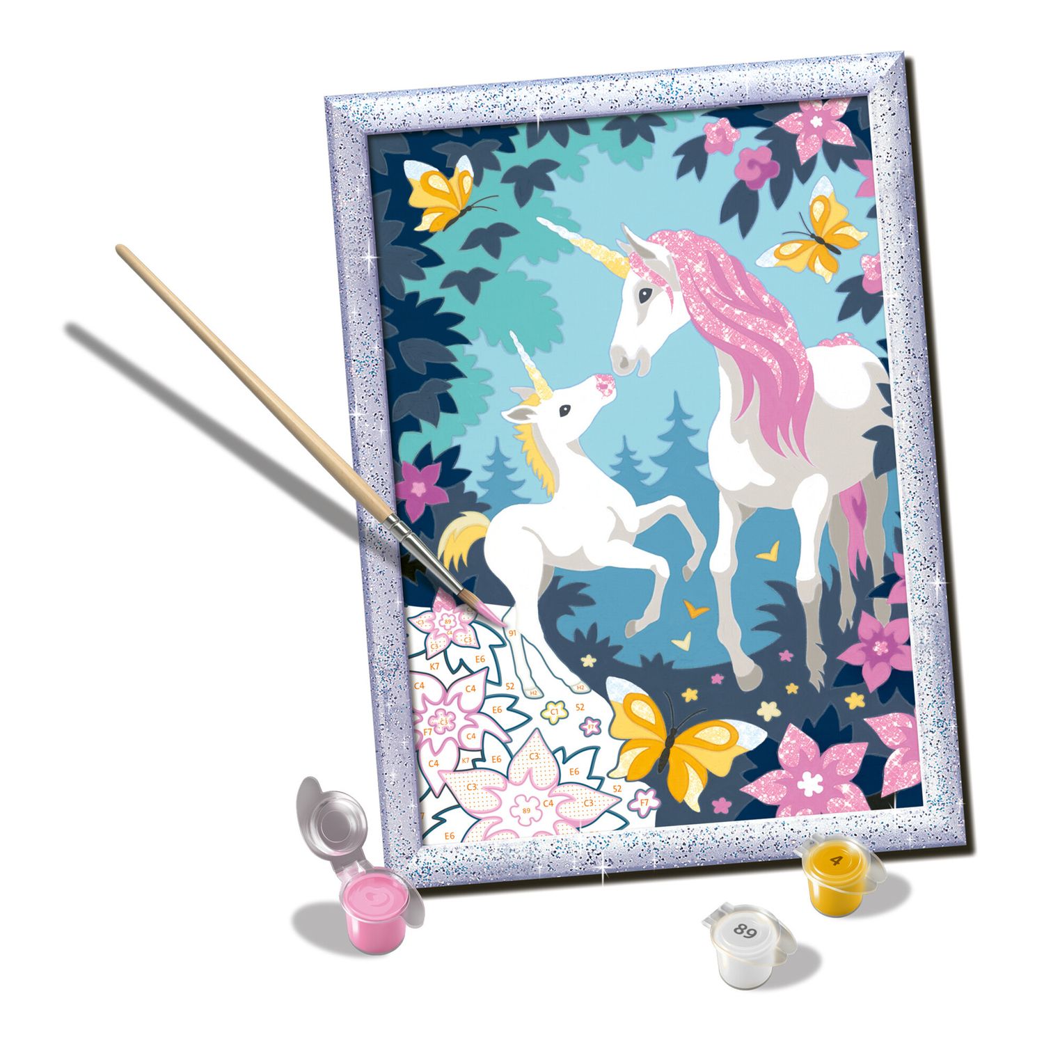 Ravensburger - creart serie d unicorni glitter - kit pittura con numeri - contiene una tavola prestampata, pennello, colori - 11+ anni - CREART, RAVENSBURGER