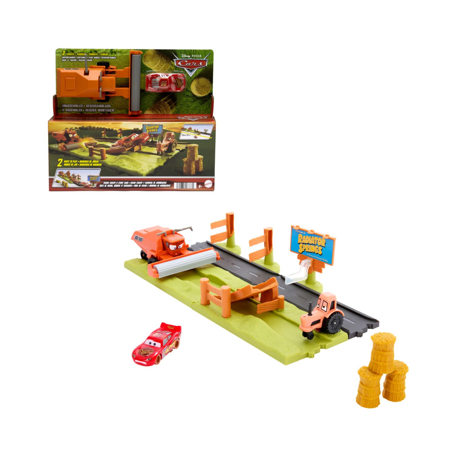 Cars - corsa acrobatica in fuga da frank, playset rampa con 2 modalità di gioco e 3 personaggi dal film - Cars, Disney