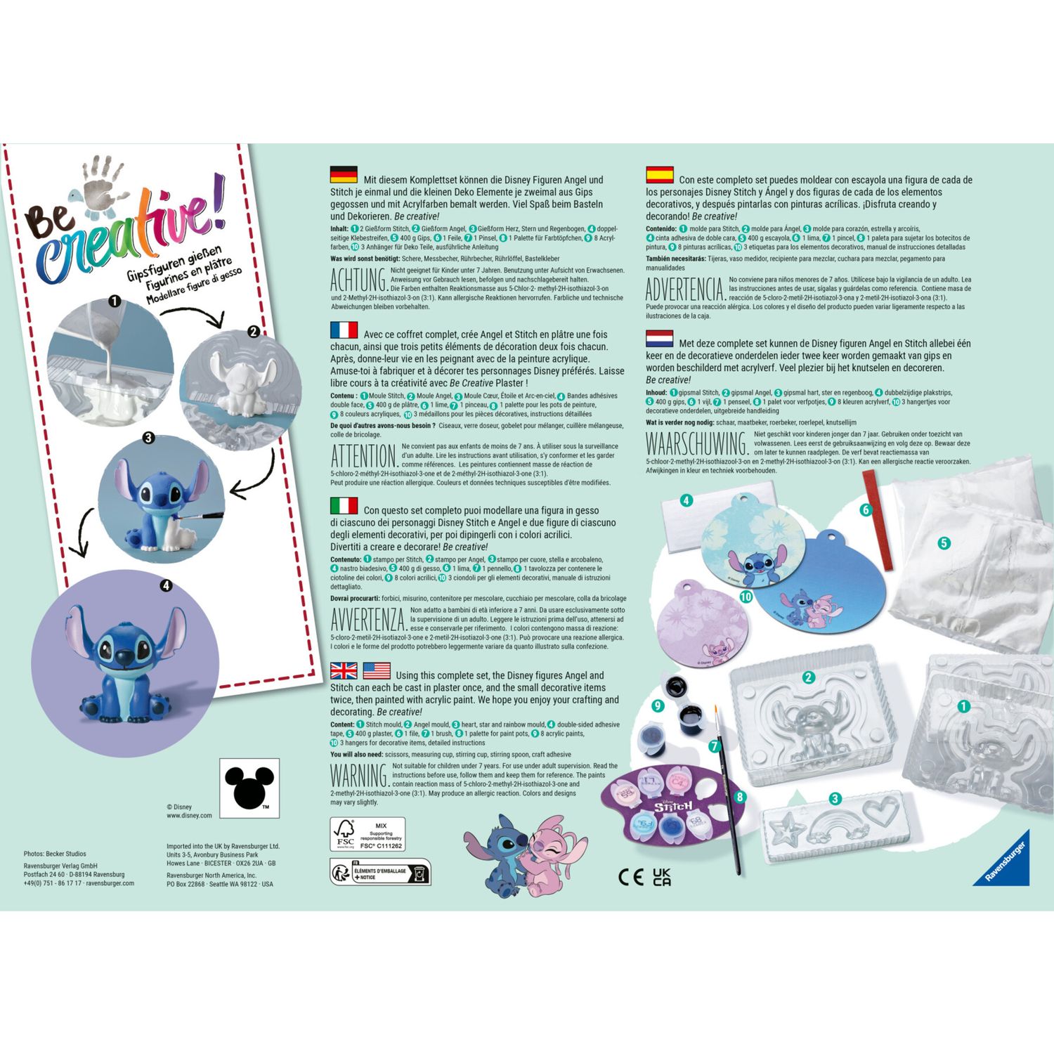 Ravensburger be creative maxi: gioco creativo per creare figurine in gesso, per bambini 7+ anni - RAVENSBURGER, Disney, Disney Stitch