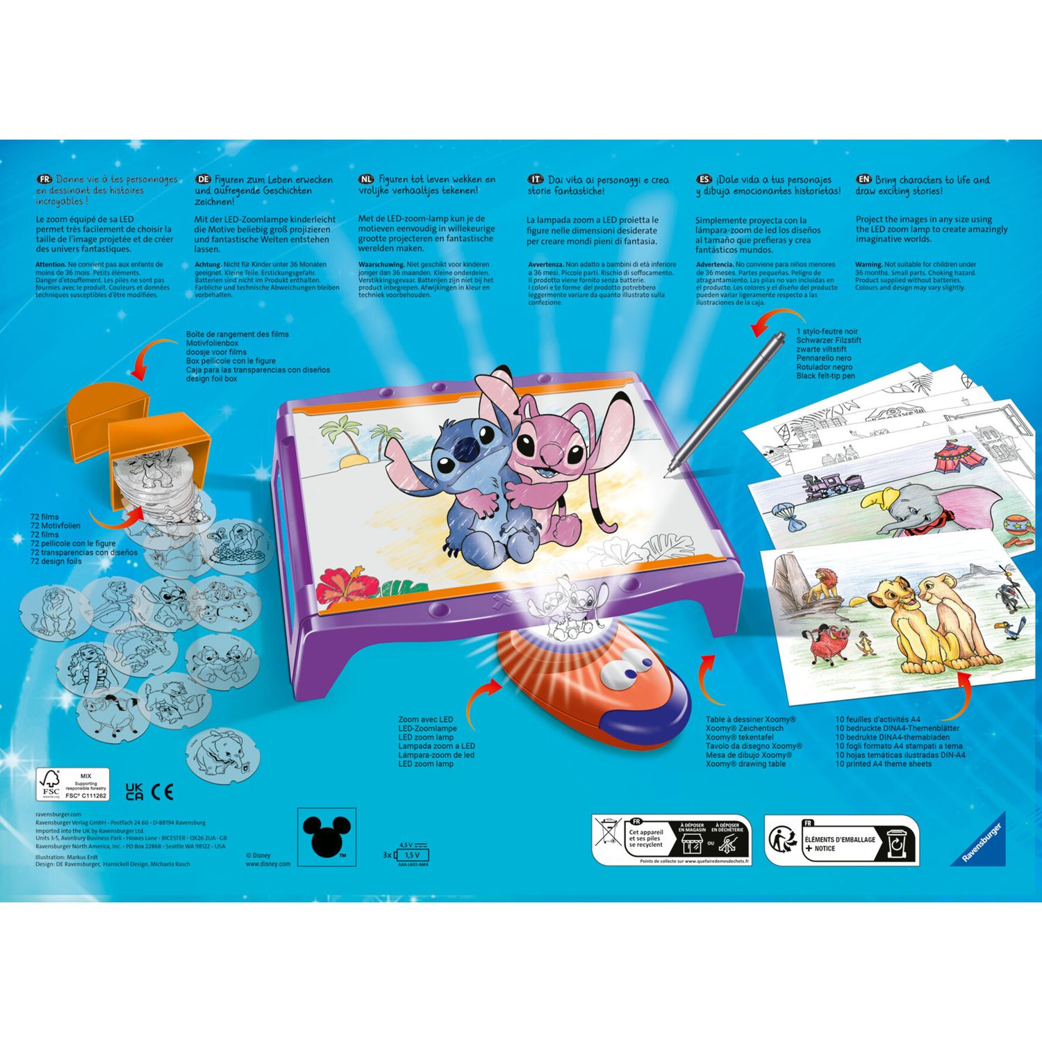Ravensburger xoomy maxi disney stitch: tavolo a4 con proiettore luminoso e 300 motivi in 72 pellicole. gioco creativo per bimbi 6+. - RAVENSBURGER, Disney Stitch