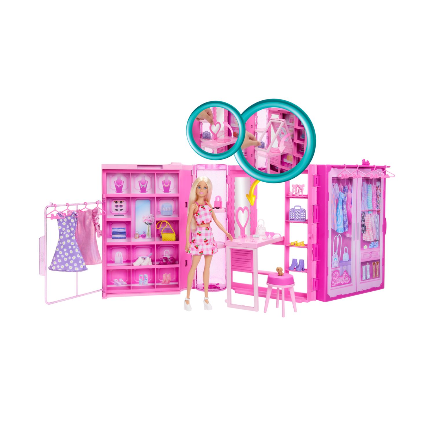 Barbie - armadio dei sogni, set con bambola bionda alla moda, 25 vestiti e accessori, 3 look completi inclusi - Barbie