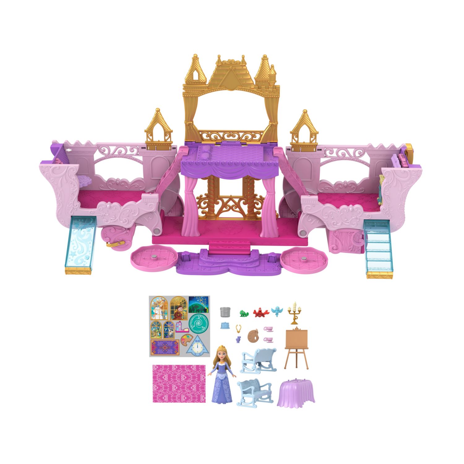 Disney princess - castello carrozza, playset 2 in 1 con mini bambola aurora, 4 personaggi e 10 mobili e accessori - DISNEY PRINCESS